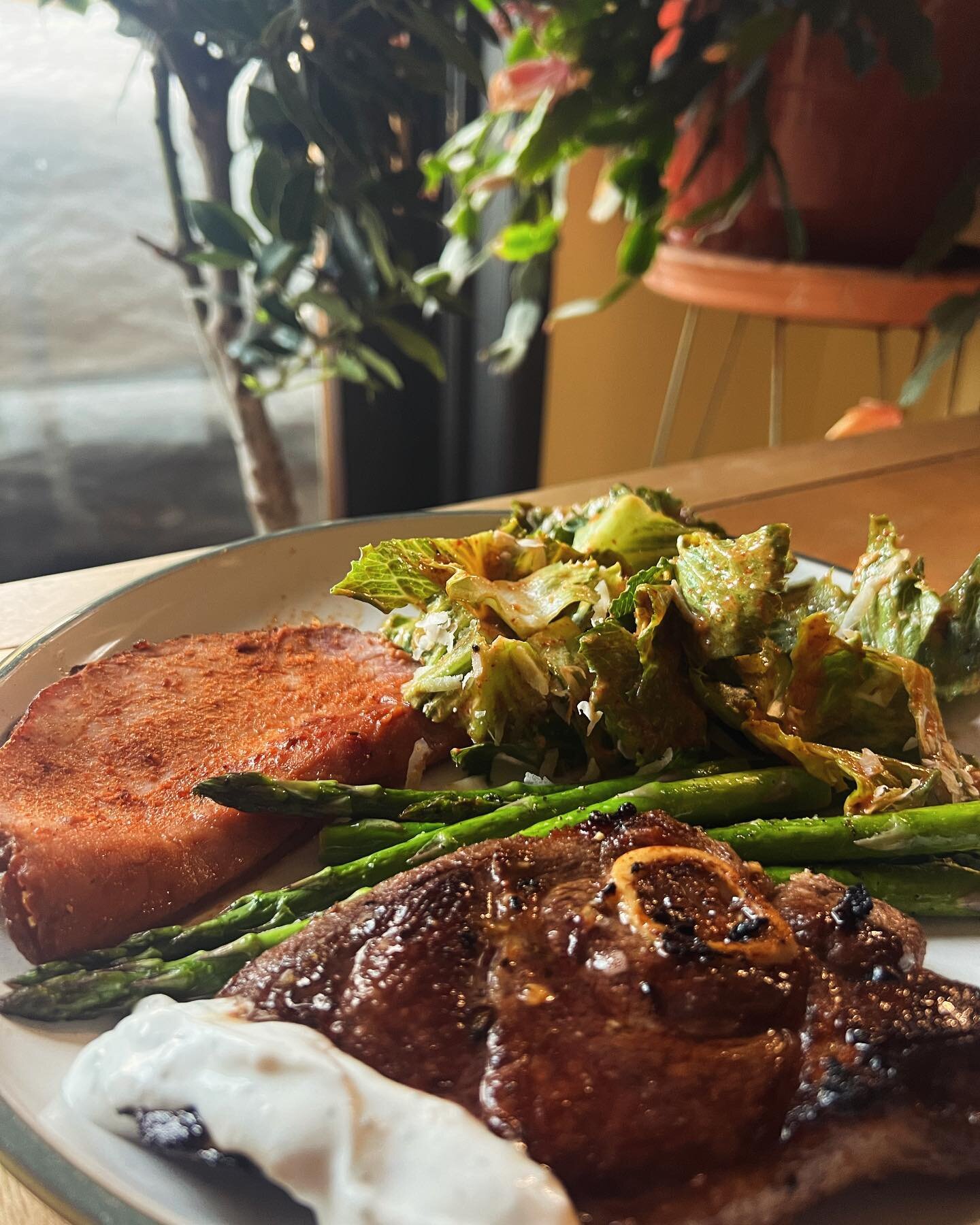 Tasty! 👀

We&rsquo;ve been working on some new recipes and we tested out a few for Easter dinner. 

* Red Chile glazed ham
* Garlic roasted lamb chops
* Mint yogurt sauce
* Lemon roasted asparagus 
* Red Chile infused Cesar salad
* Lemon bunt cake w