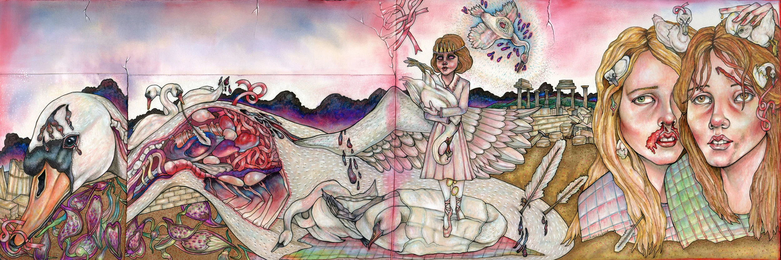 The Indifferent Beak (After Leda), Pen, Marker and Pastel on Paper, 12" x 30", 2013