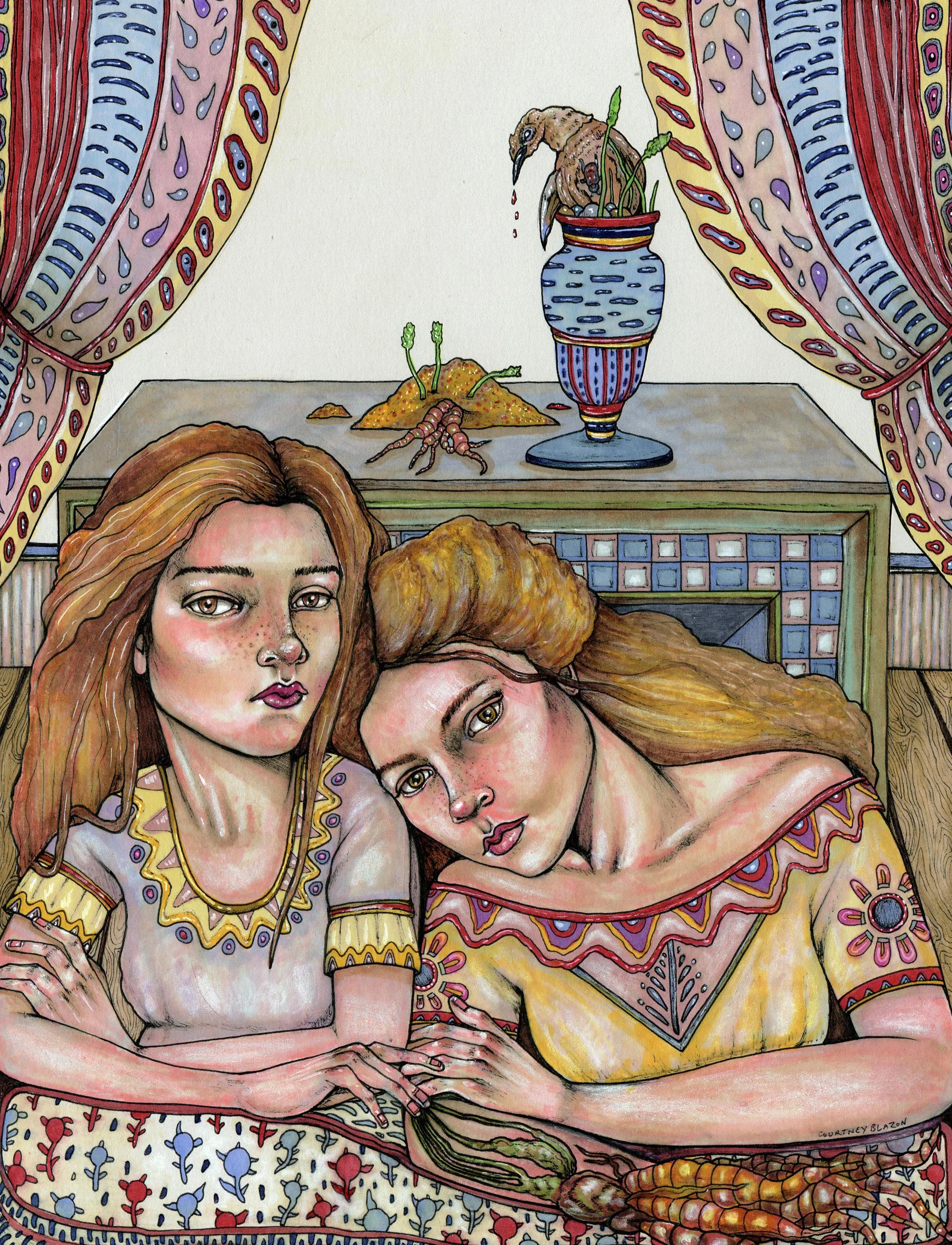 The Tow Sisters, Pen and Marker on Paper, 11" x 14", 2013