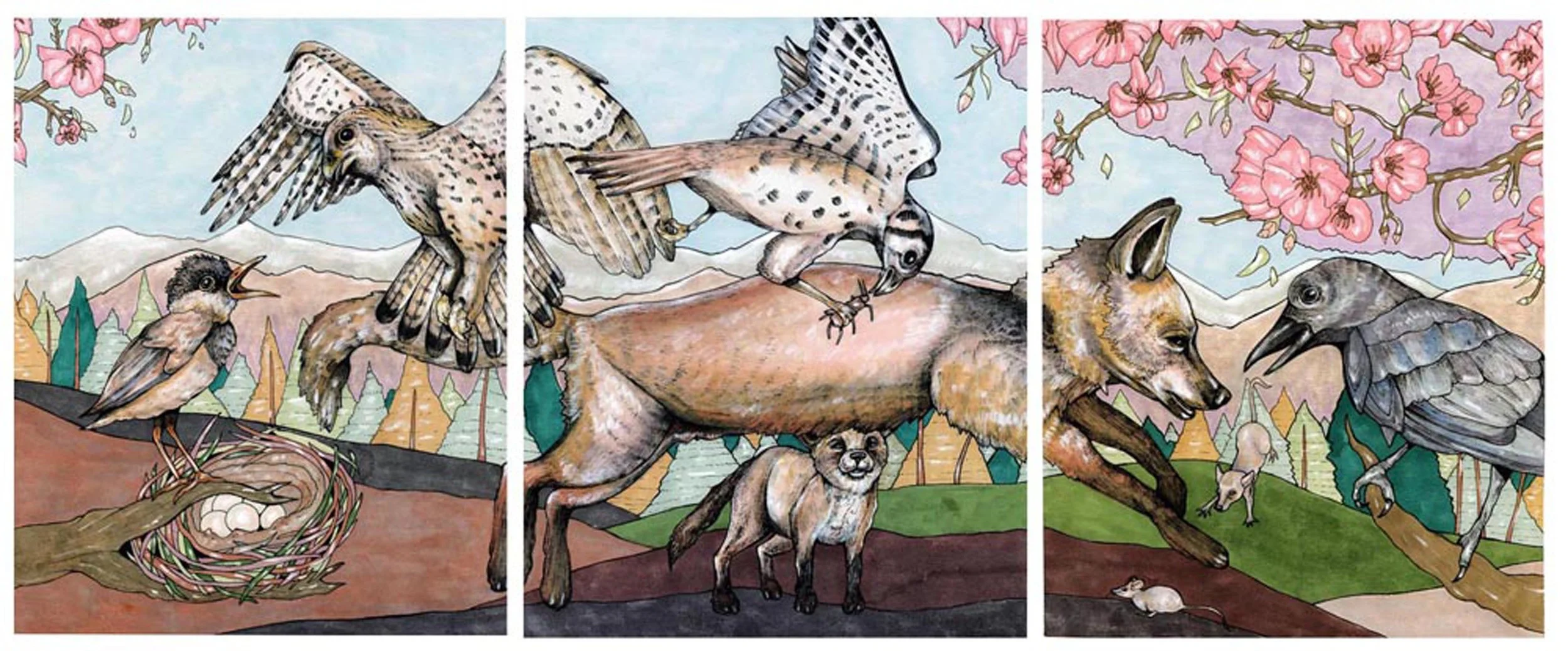 The Fable of the Fox, the Fable of the Hawk, Pen and Marker on Paper, 12" X 36", 2009 SOLD