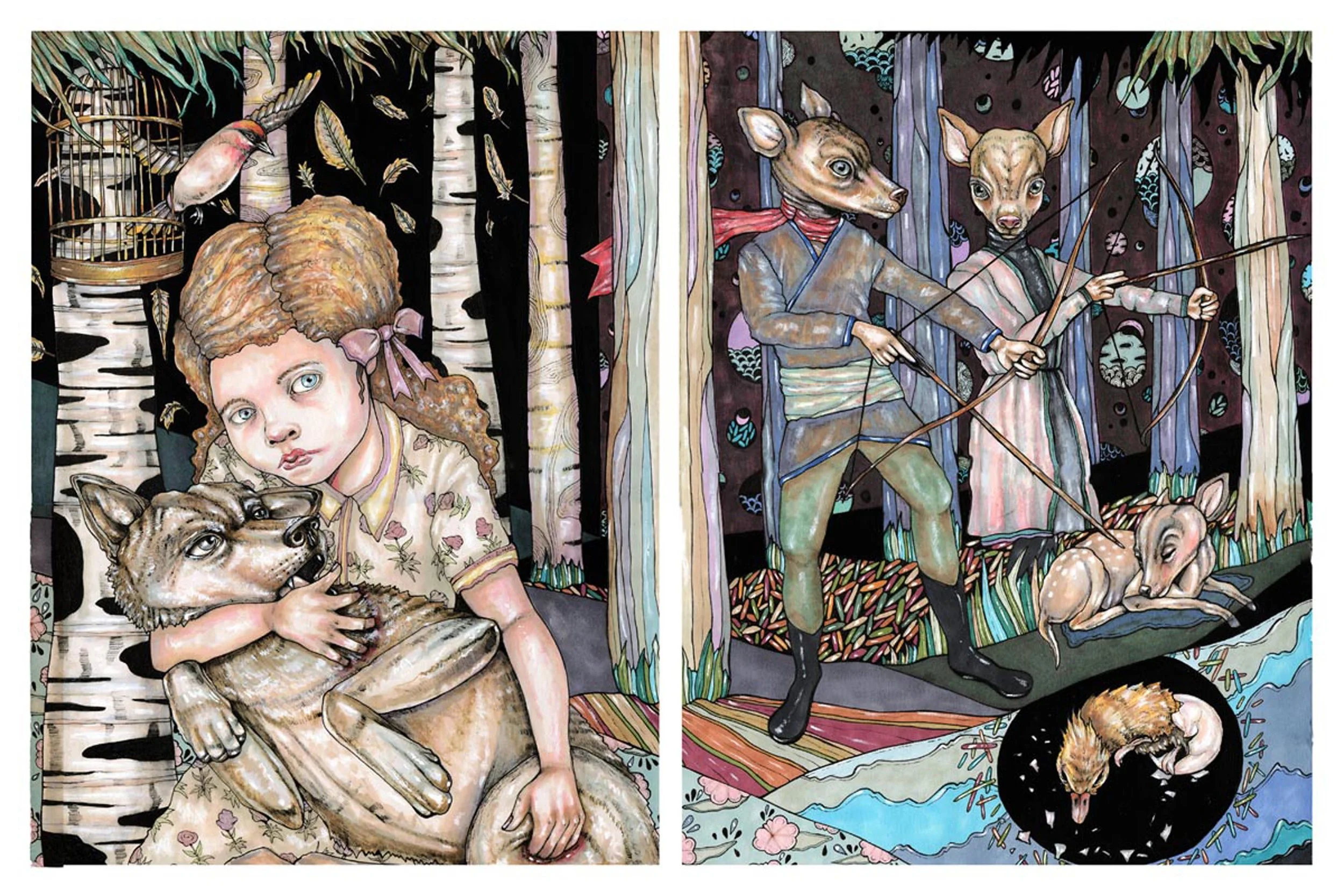 Girl and Wolf Separate, Pen and Marker on Paper, 15" X 23", 2010 SOLD