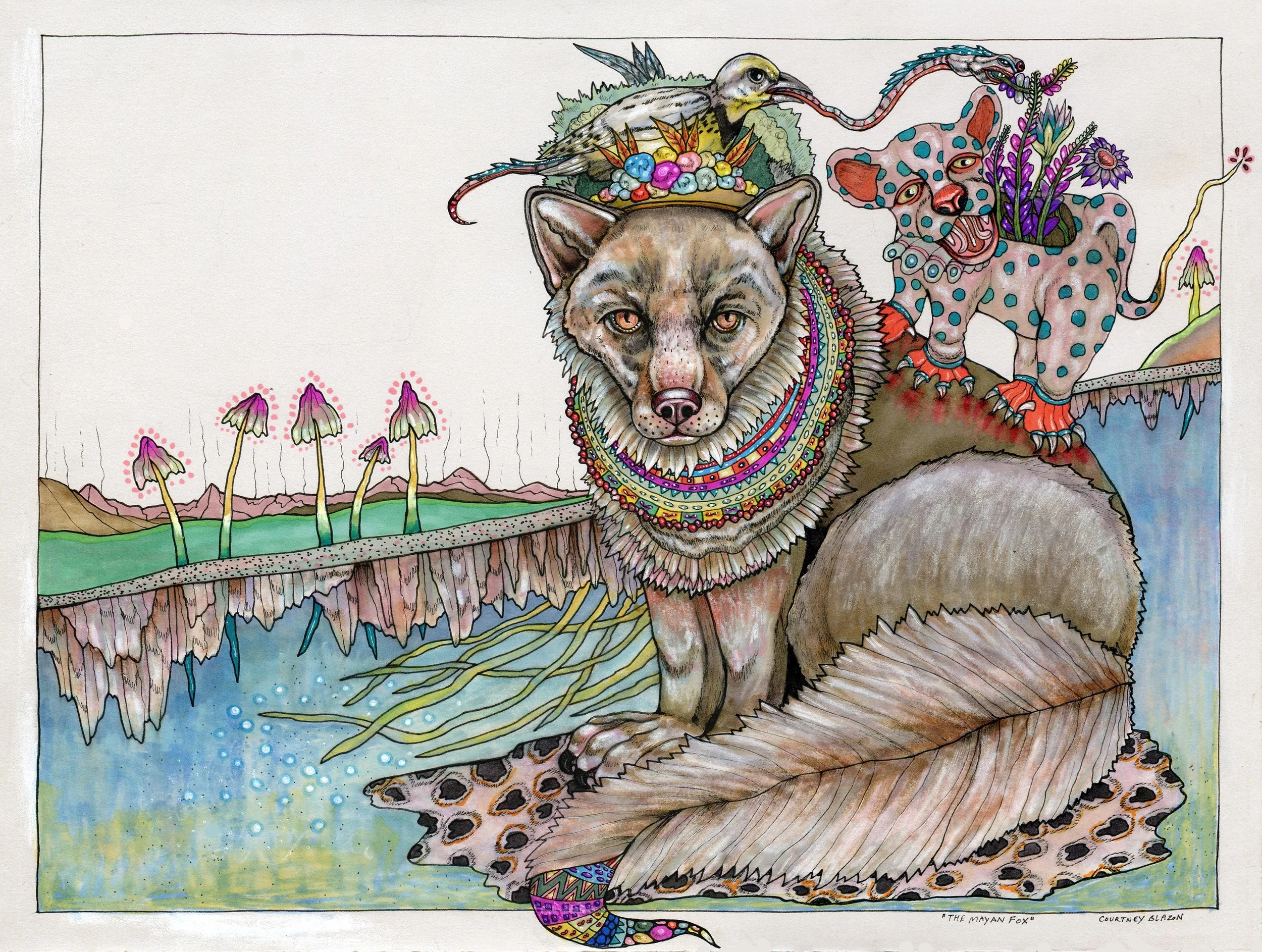 The Mayan Fox, Pen and Marker on Paper, 11" x 14", 2011 SOLD