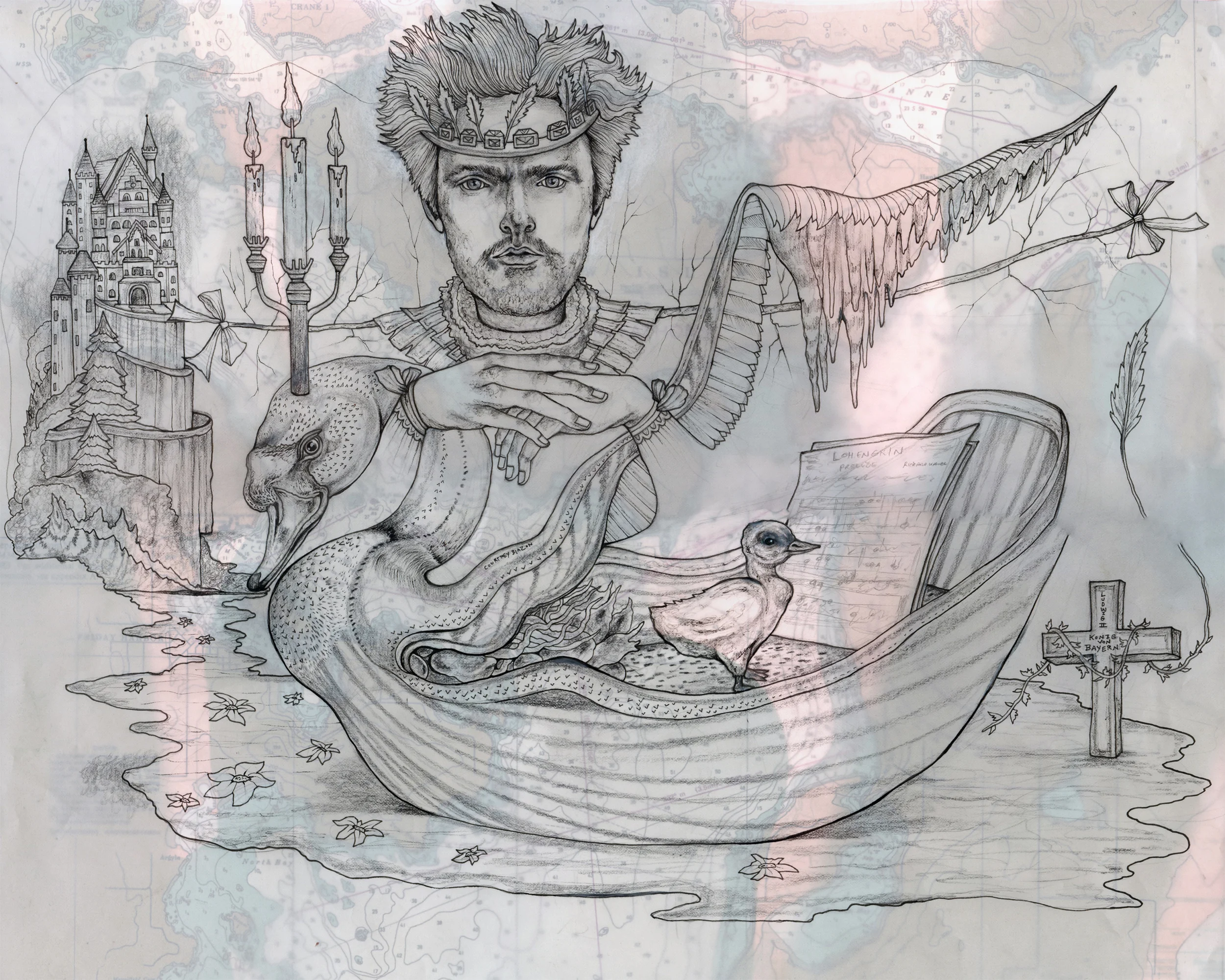 The Swan King, Pen and Pencil on Vellum and Vintage Paper, 16" x 20", 2015