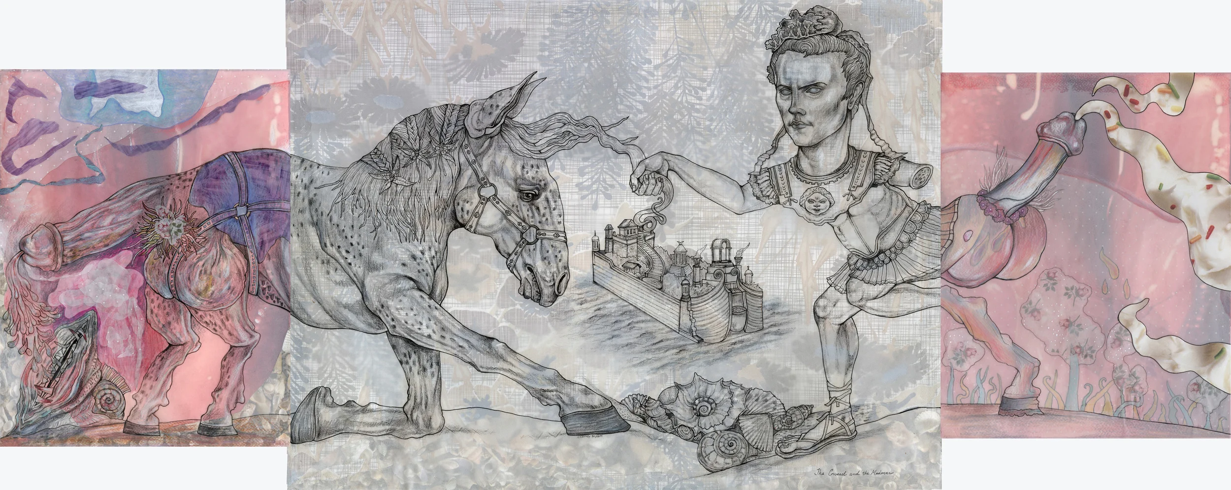 The Counsel and the Madman (Dirty), Pen and Pencil on Vellum and Vintage Paper, 18" x 46"