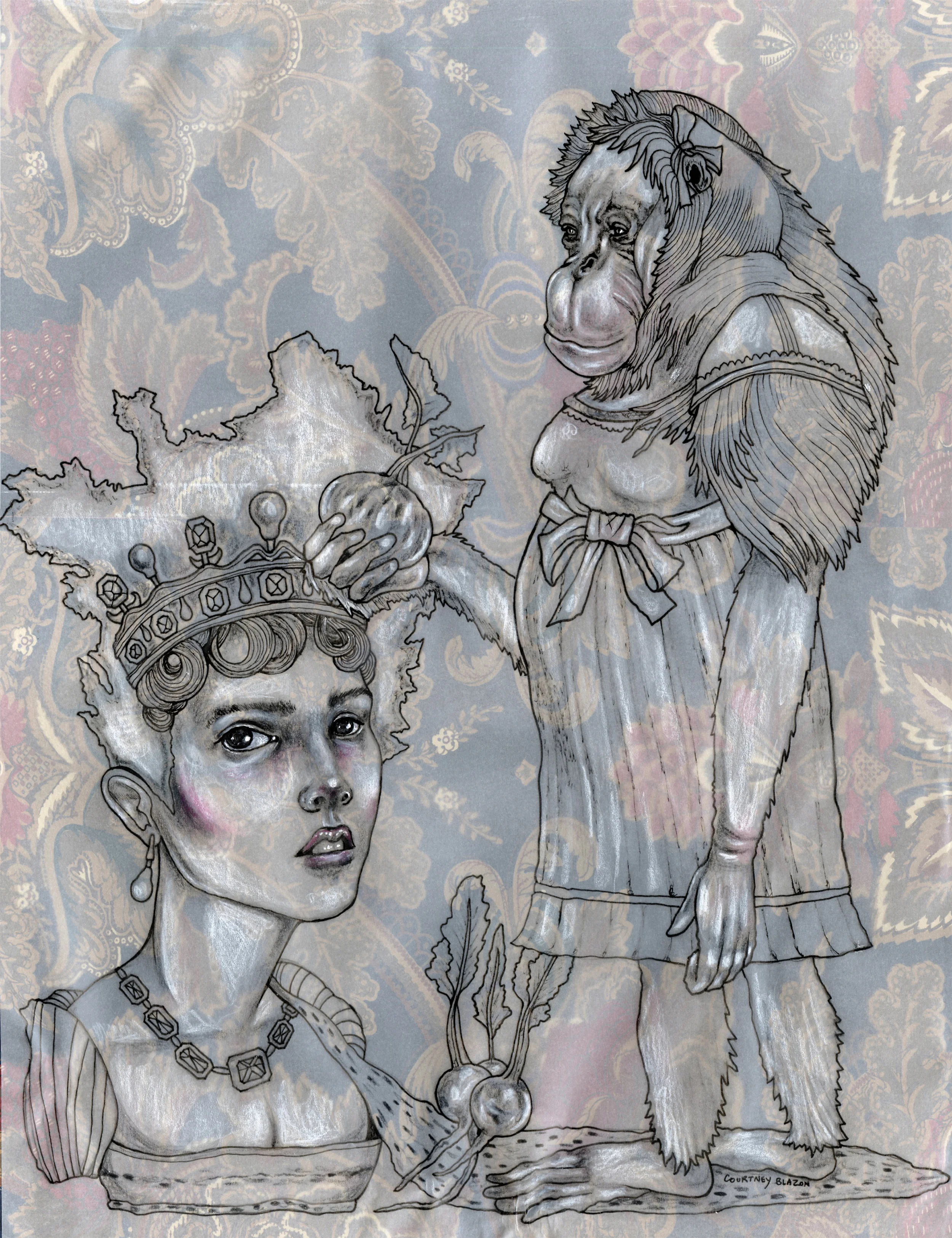 The Empress and the Turnips, Pen and Pencil on Vellum and Vintage Paper, 11" x 14", 2015