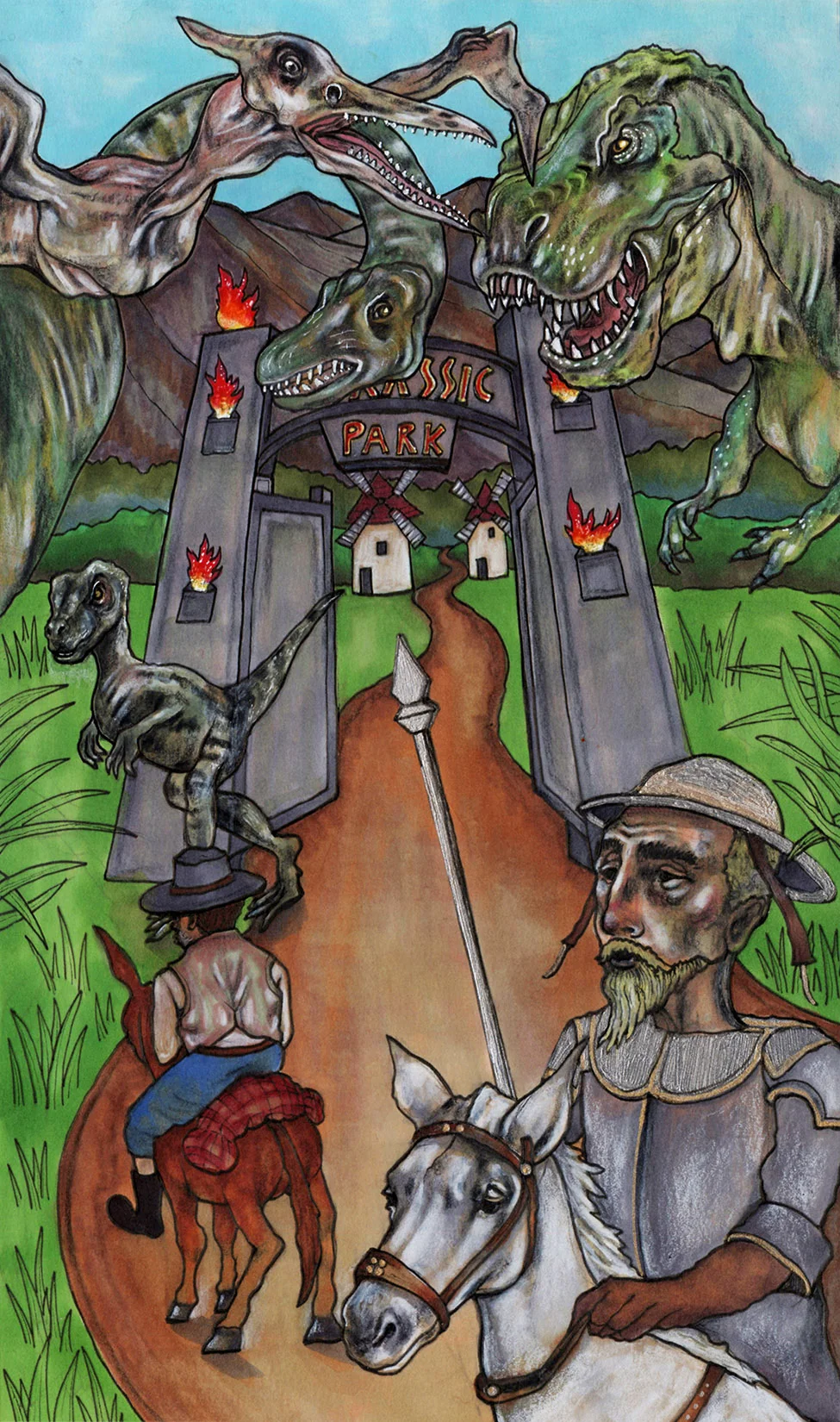 Don Quixote and Sancho Panza battle the Beasts of Jurassic Park