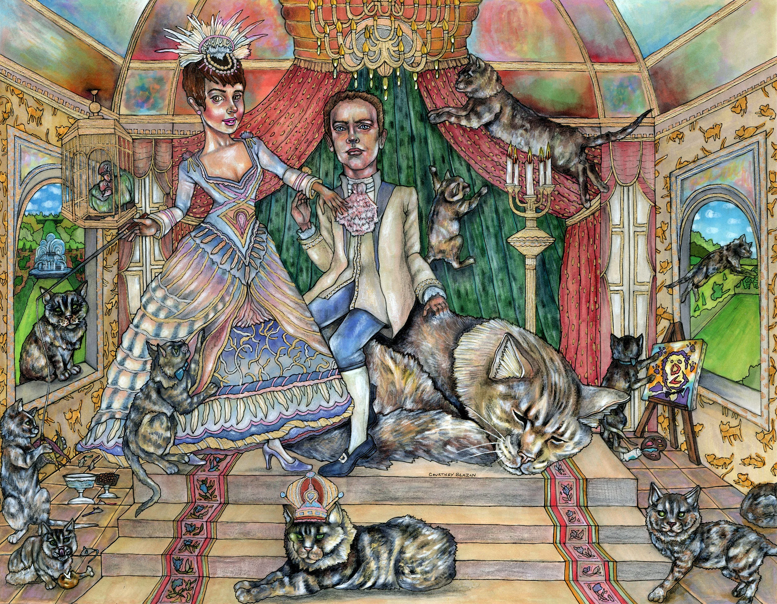 Cat Crazy King and Queen, Pen and Marker on Paper, 14" x 18", 2016