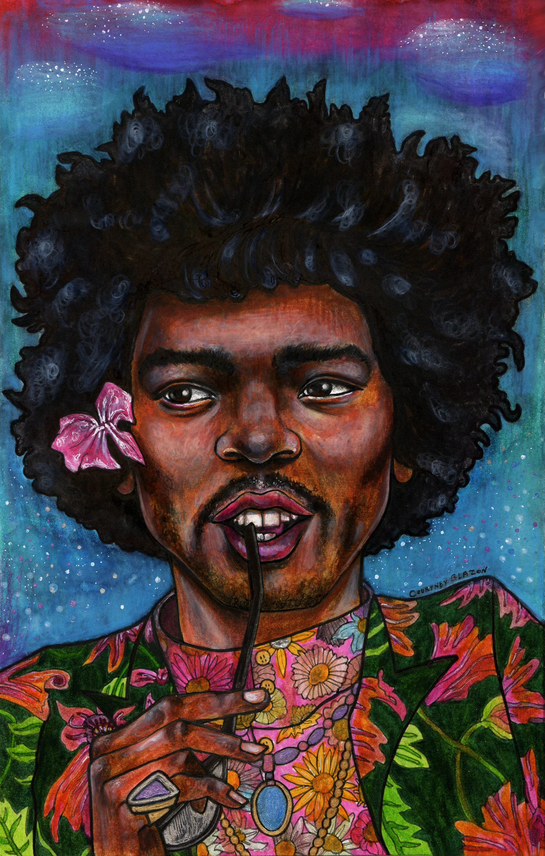 Jimi Hendrix, Pen and Marker on Bristol, 7" x 11", 2017