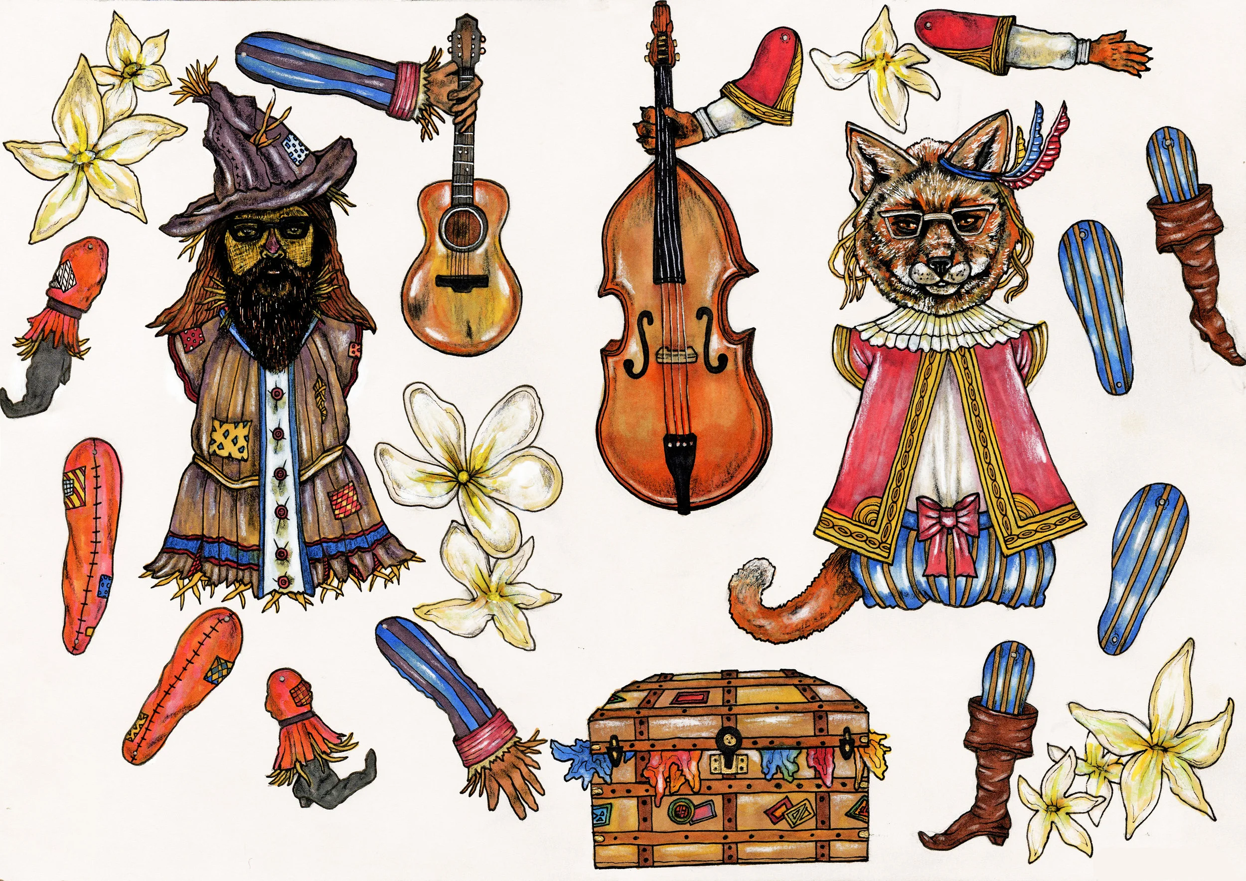 Scarecrow and Fox Musician Pantins