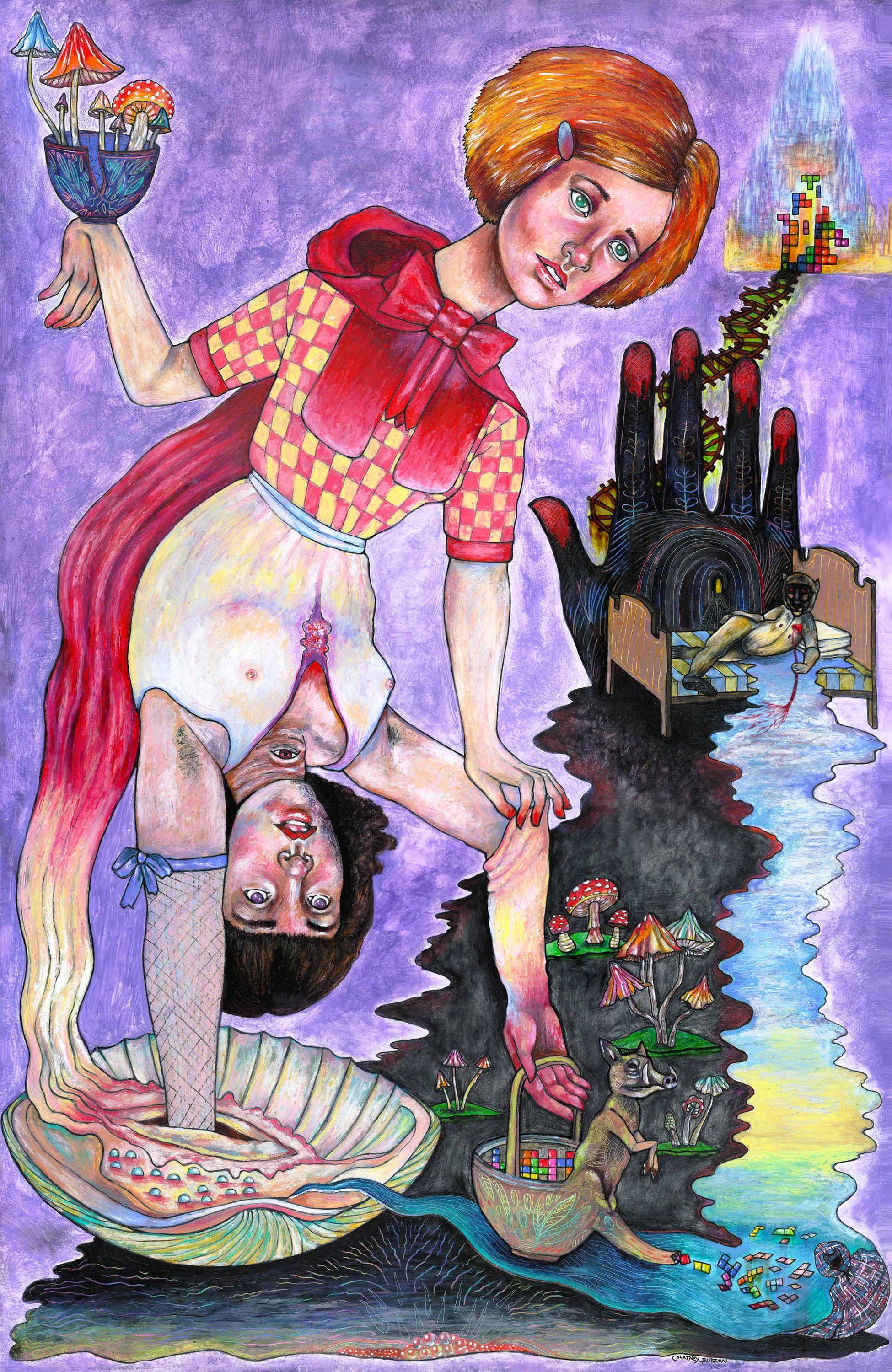 you told me I had a beautiful neck now my neck is wrinkled like the bedsheets you pinned me against, Mixed Media on Clayboard, 24" x 36", 2018