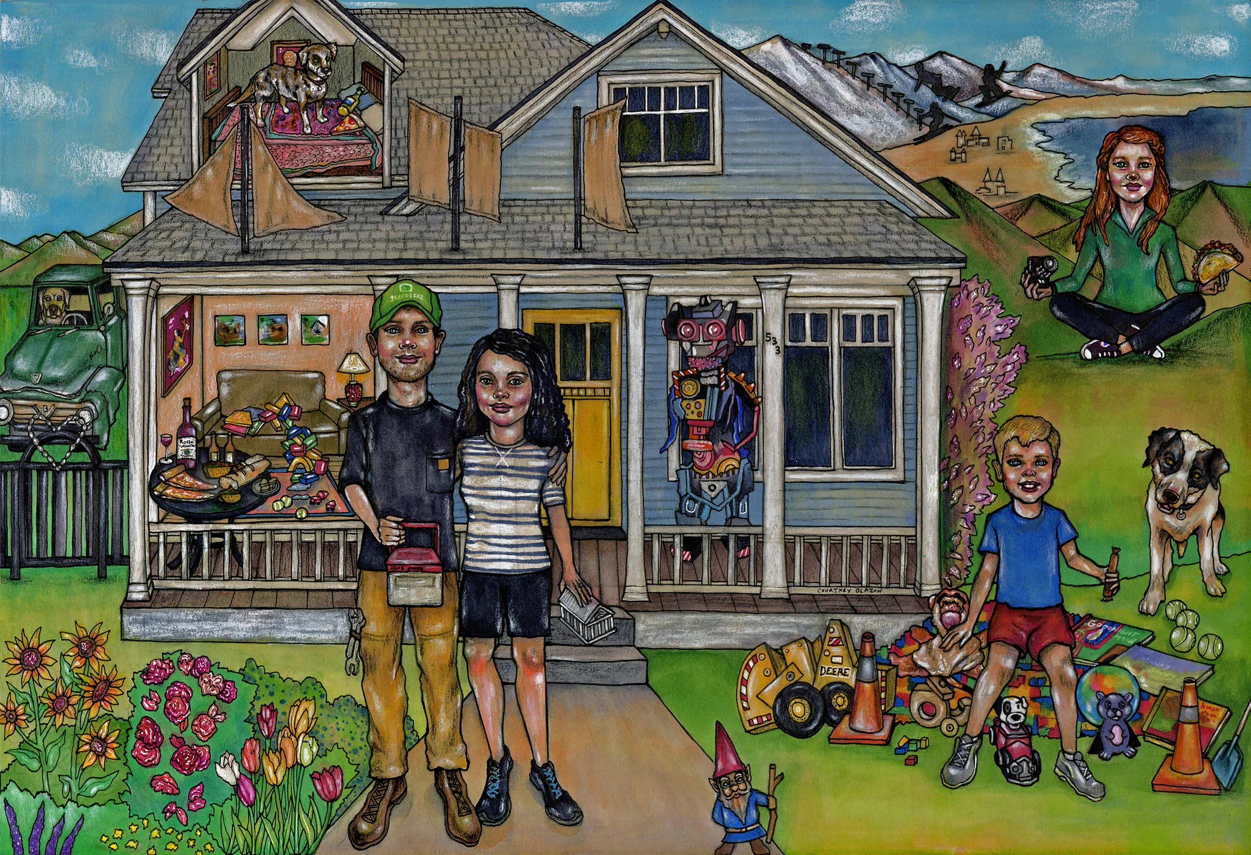Roula and Family Portrait, Pen and Marker on Paper, 12" x 18", 2018