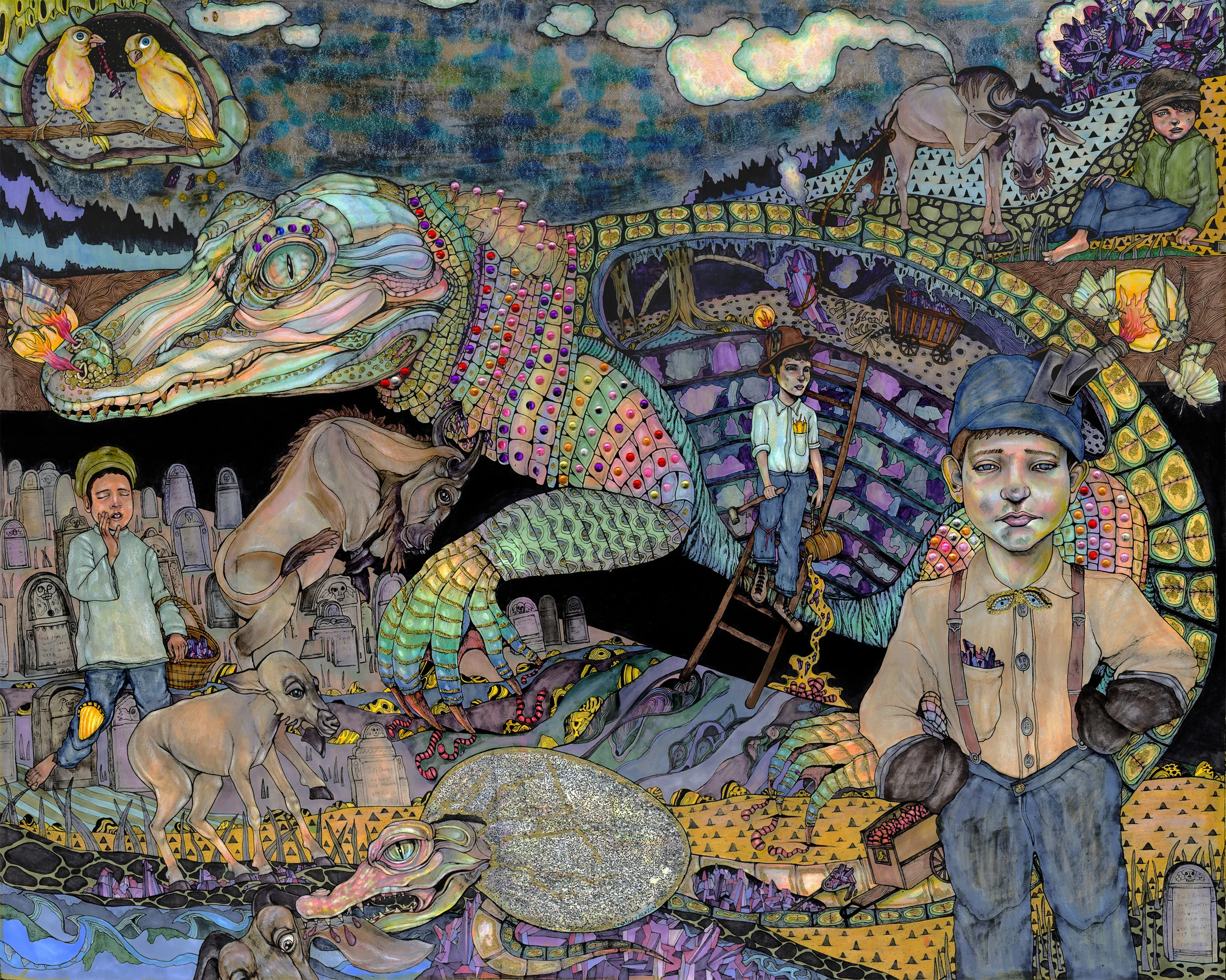 Diamond as Big as the Ritz (or is that the Amethyst as big as an Alligator?), Mixed Media on Paper, 40"W x 30"H, 2011-2018