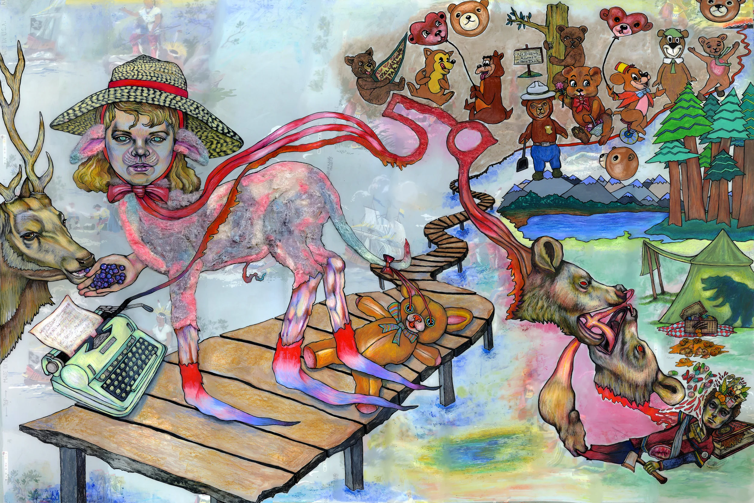 The 59th Bear, Wax Crayon, Pen and Felted Wool on Mylar and Vintage Wallpaper, 50"W x 36"H, 2018