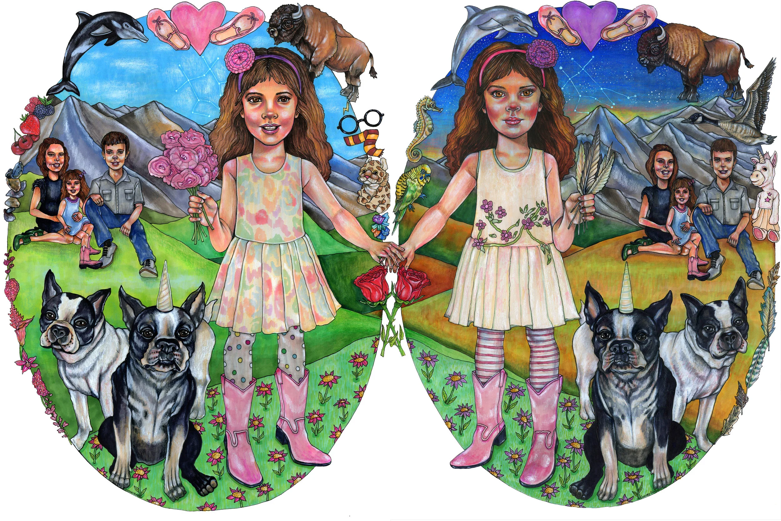 Vida and Liv, Gemini Twins, Pen and Marker on Paper, 36" x 24", 2019