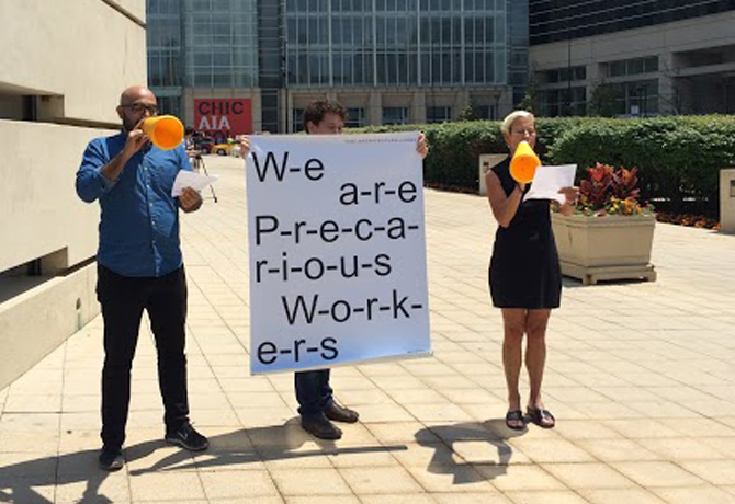 Quilian Riano and Peggy Deamer at protesting at the 2014 AIA National Convention in Chicago. (http://www.mascontext.com/tag/peggy-deamer/)