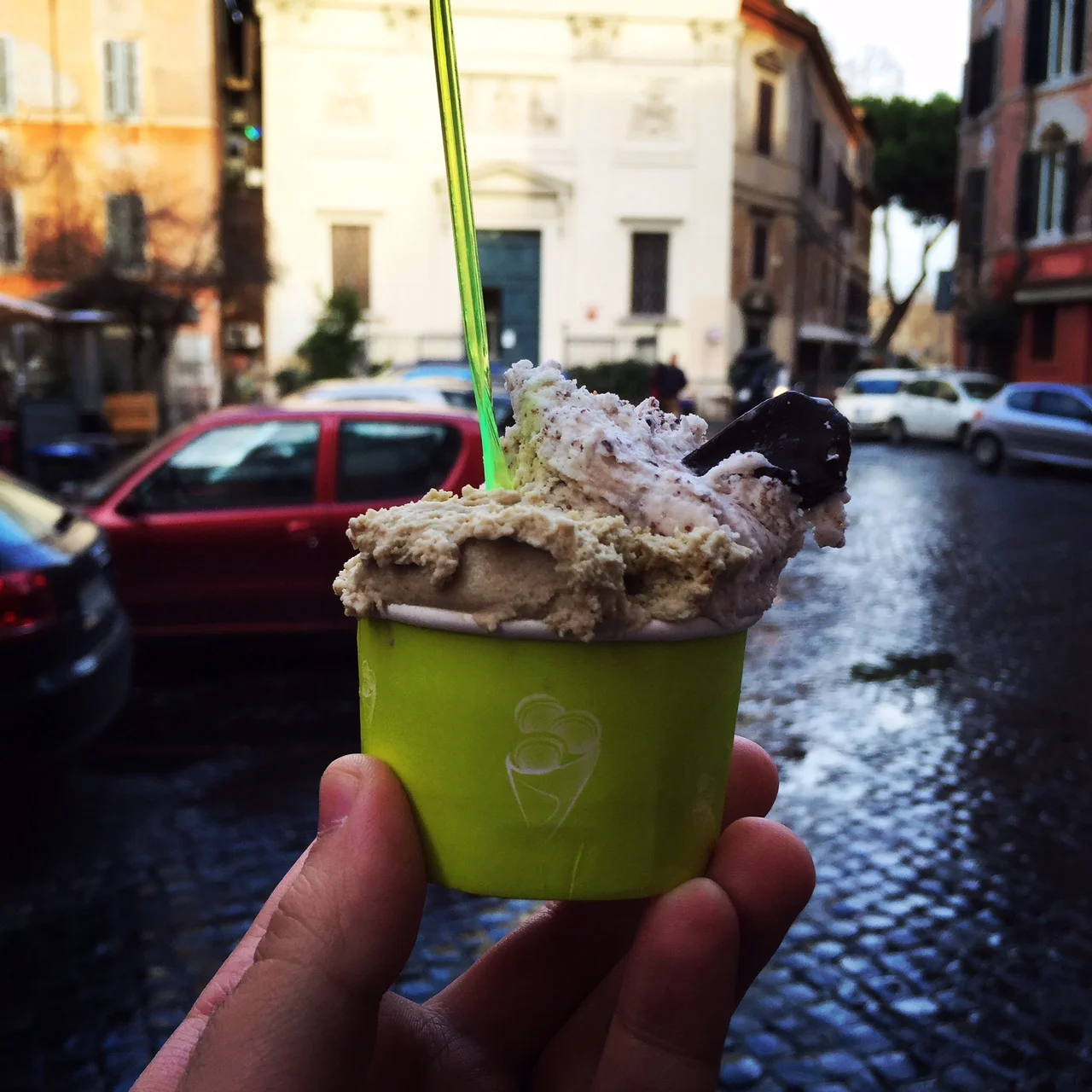 Pistachio and stracciatella (chocolate chip) gelato. From a small place near Ristorante di Massi. Sorry for all the #foodintheair. Photo by Max Siskind.