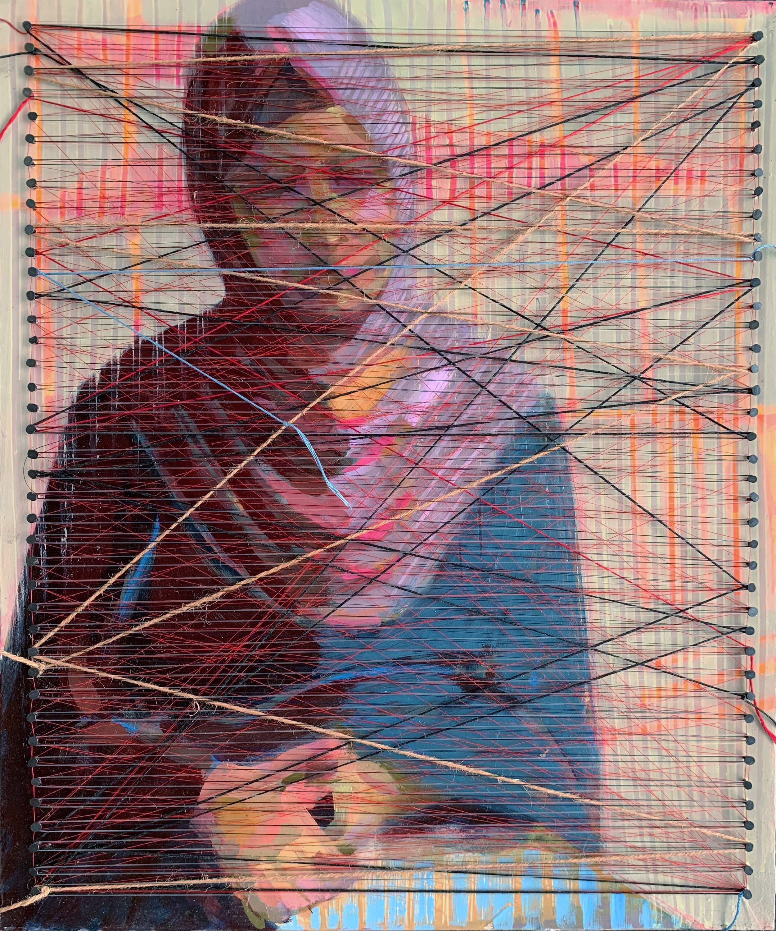   Gaza Women 7  2019 Oil on canvas, rope, thread, nails 22" x 18" 