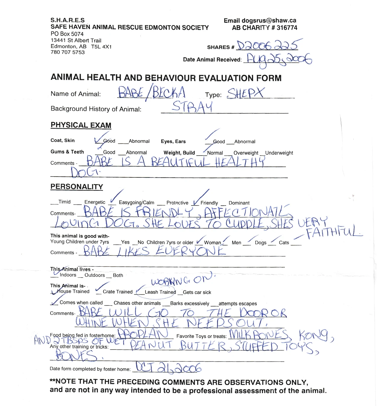 Evaluation form from the rescue