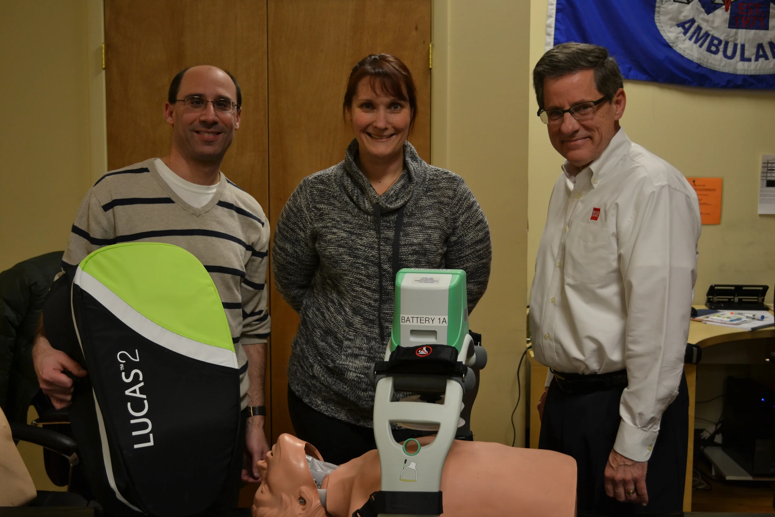 From left to right: Dave Schwantzman: Pre Hospital Sales Representative, Physio-Control, Inc.; Catherine Umrichin: Chief, Fort Lee Volunteer Ambulance Corps, Inc.; Dan Norquist: District Sales Manager, Physio-Control, Inc.