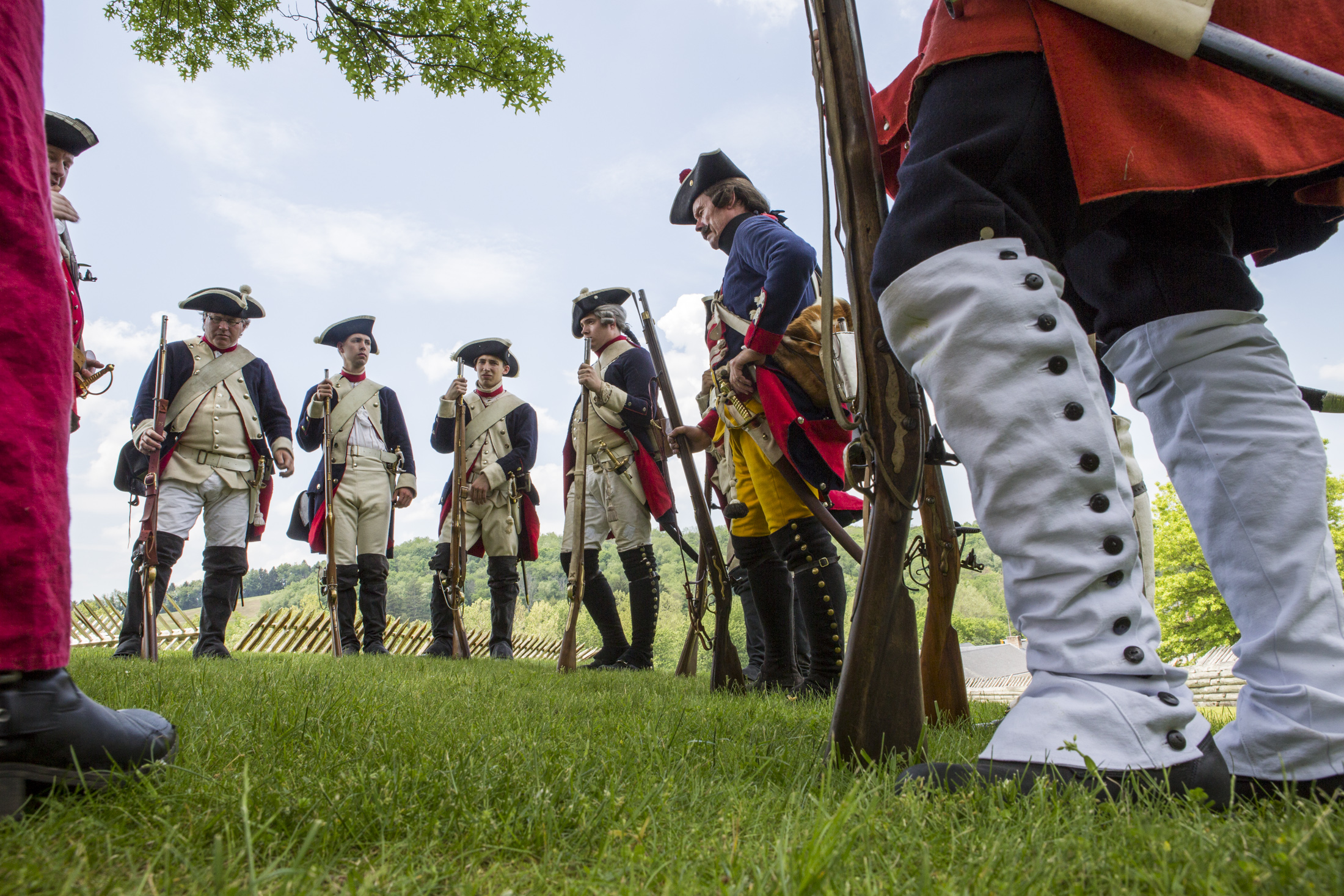  Reenactors of the 60th Royal American Regiment await the start of a battle reenactment with French forces at Fort Ligonier during Military History Weekend on Saturday, May 28, 2016 in Ligonier, Pennsylvania. 