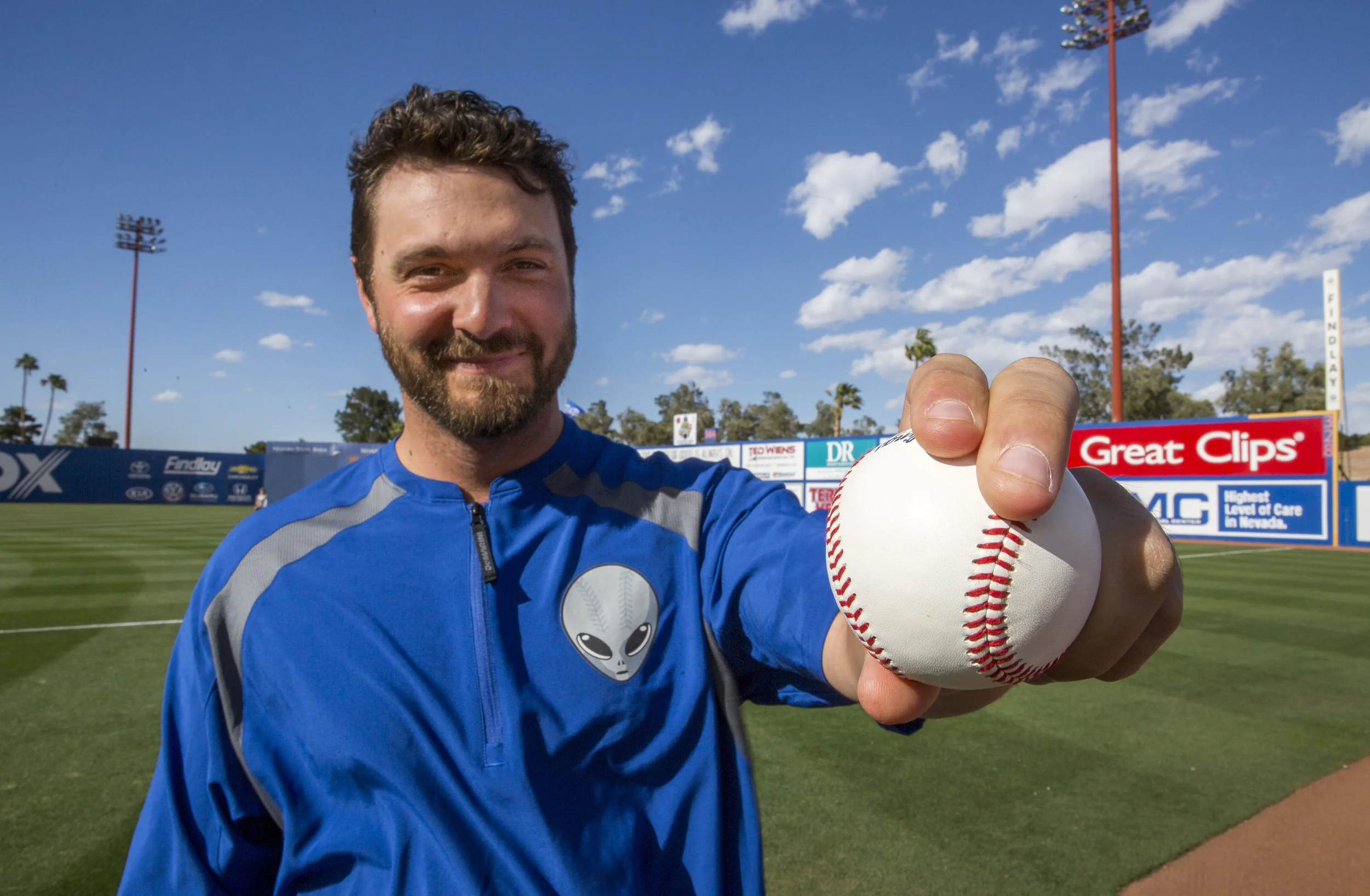 51s pitcher Josh Smoker demonstrates his slider grip at Cashman Field on Wednesday, May 17, 2017. Patrick Connolly Las Vegas Review-Journal @PConnPie