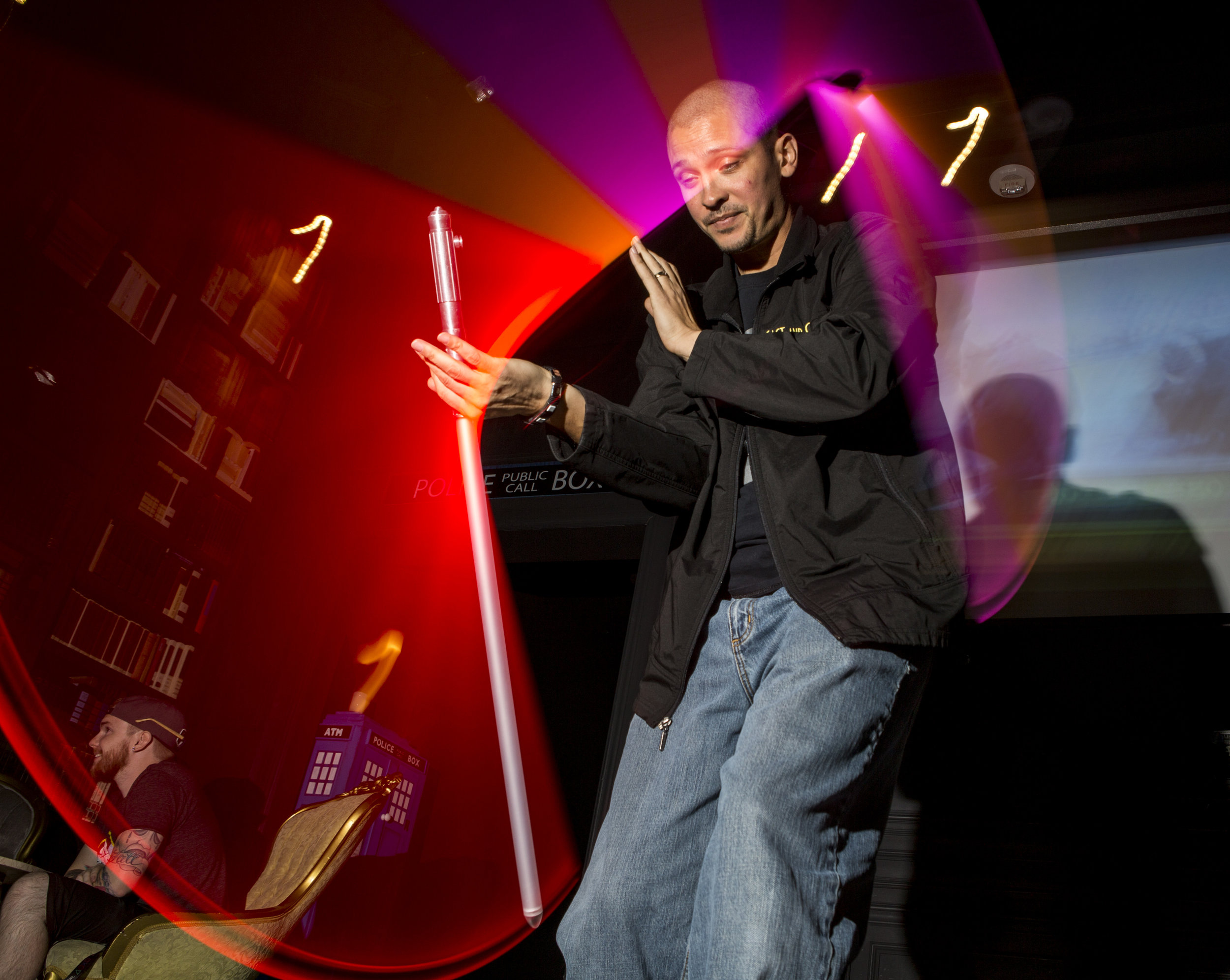  Jon Paul, who formerly played Darth Maul and a stormtrooper, shows off his lightsaber skills as he celebrates the 40th anniversary of the release of Episode IV � A New Hope at the Millennium Fandom Bar in the Arts District on Thursday, May 25, 2017.