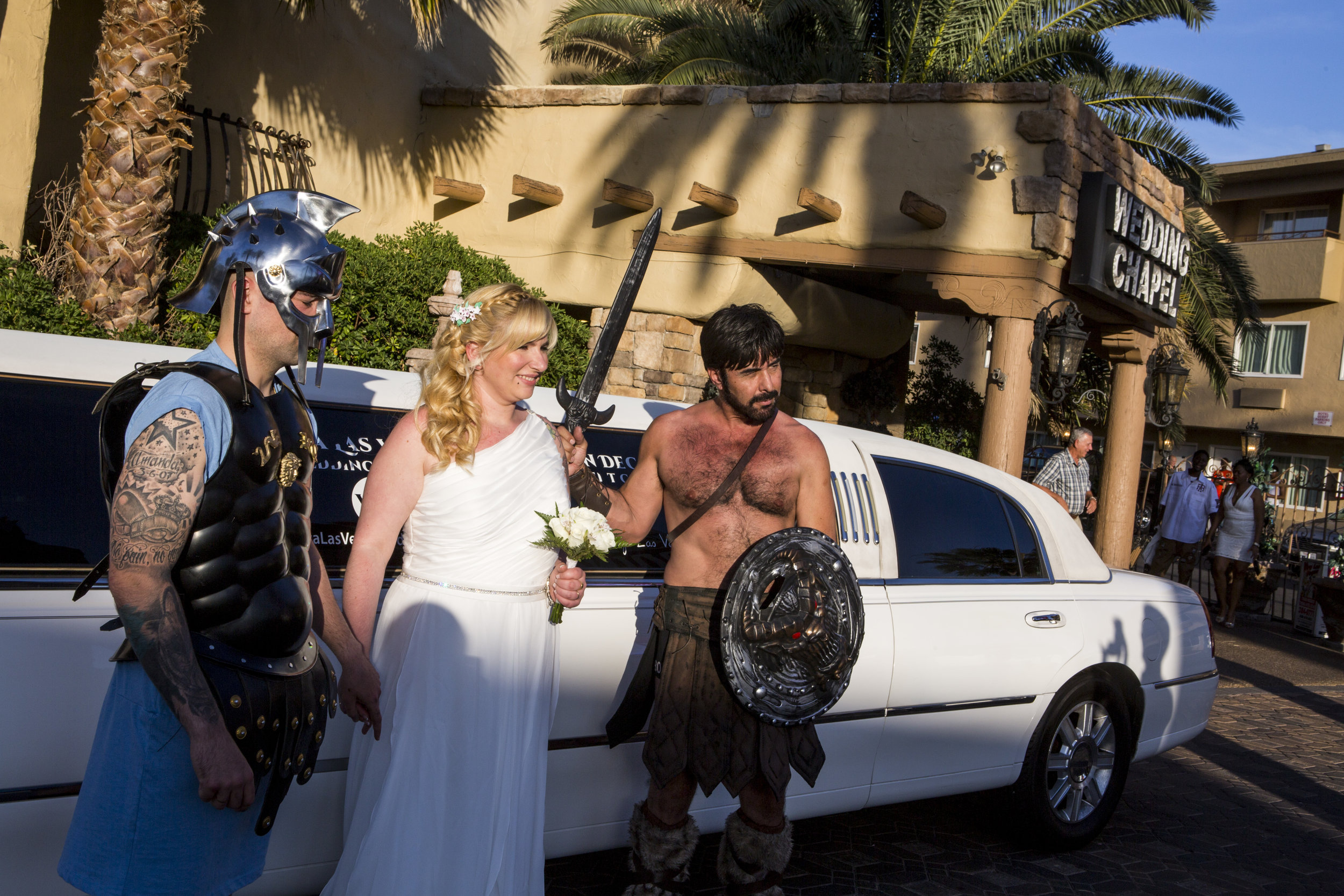  Amanda Gancedo and Marcos Gonzalez of Oviedo, Spain, take photos after their gladiator-themed wedding at the Viva Las Vegas Wedding Chapel on Saturday, June 3, 2017.  Patrick Connolly Las Vegas Review-Journal @PConnPie 