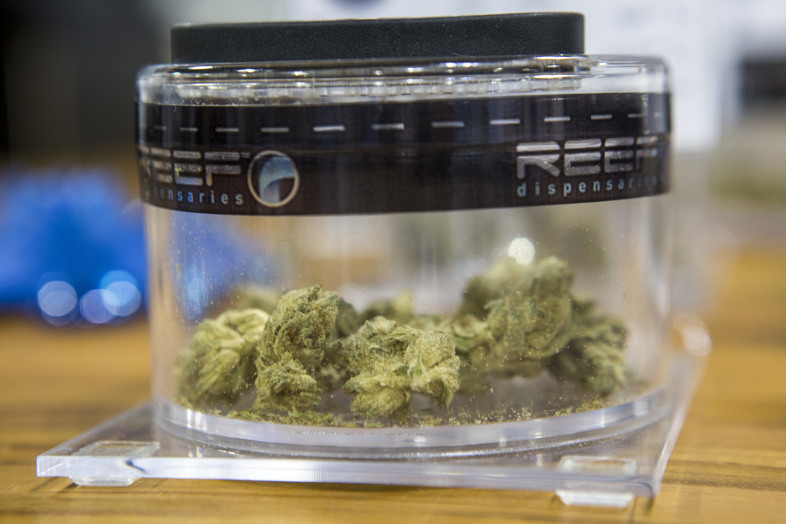  Marijuana buds of the strain "Red Eye OG" in a jar at Reef Dispensaries near the Las Vegas Strip on Thursday, June 29, 2017.  Patrick Connolly Las Vegas Review-Journal @PConnPie 