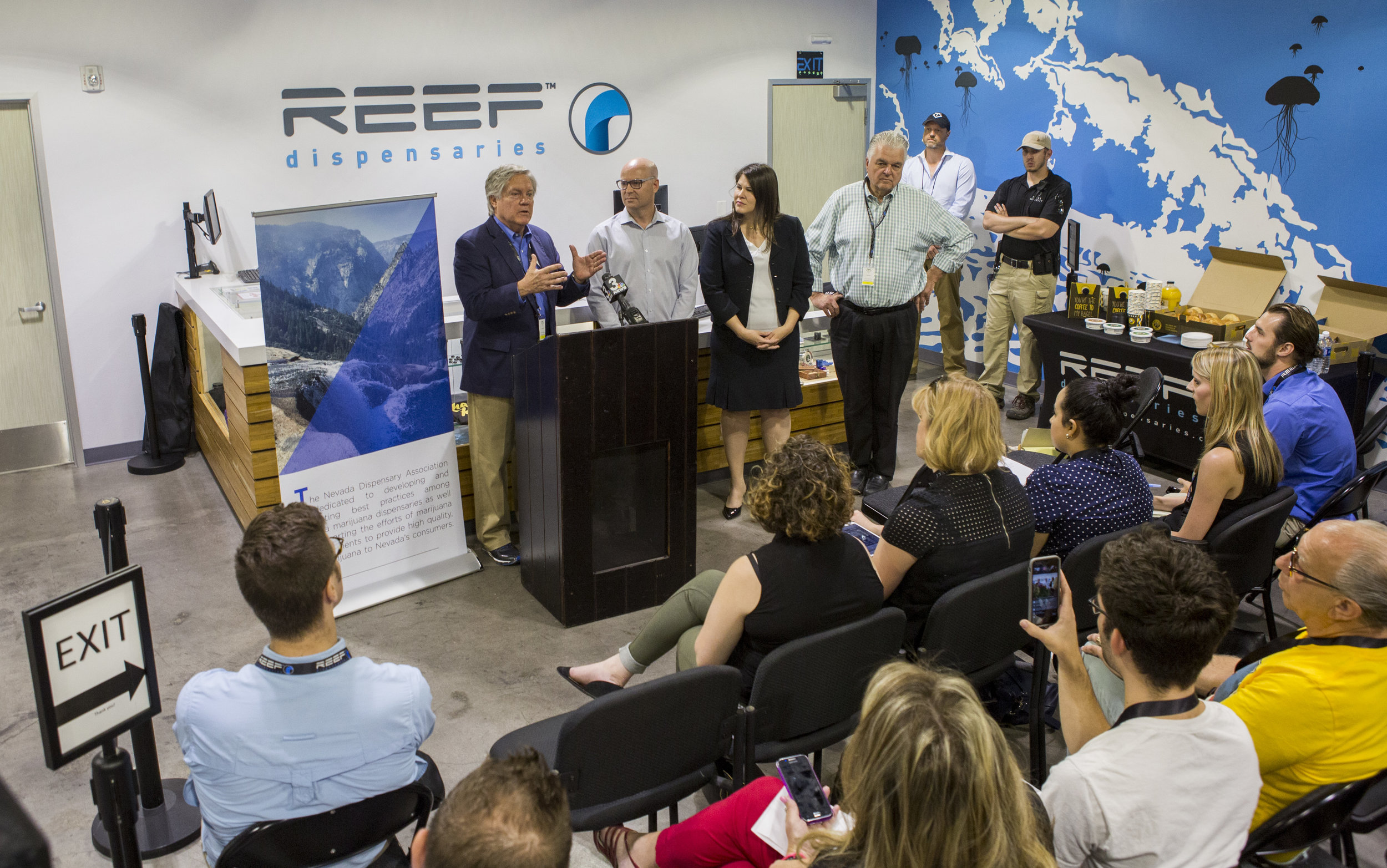  (left to right) Sen. Tick Segerblom, D-Las Vegas, Andrew Jolley, president of the Nevada Dispensary Association, Riana Durrett, the association's executive director, and Clark County Commission Chairman Steve Sisolak during a press conference leadin