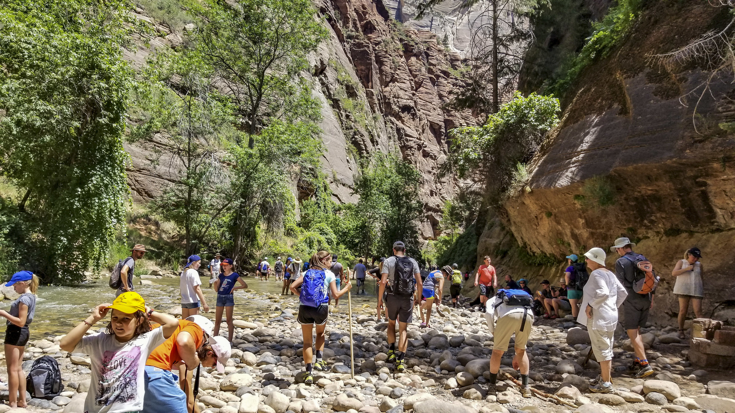  Zion National Park visitors congregate near the Virgin River to hike The Narrows at Zion National Park in Utah on Friday, July 14, 2017.  Patrick Connolly Las Vegas Review-Journal @PConnPie 