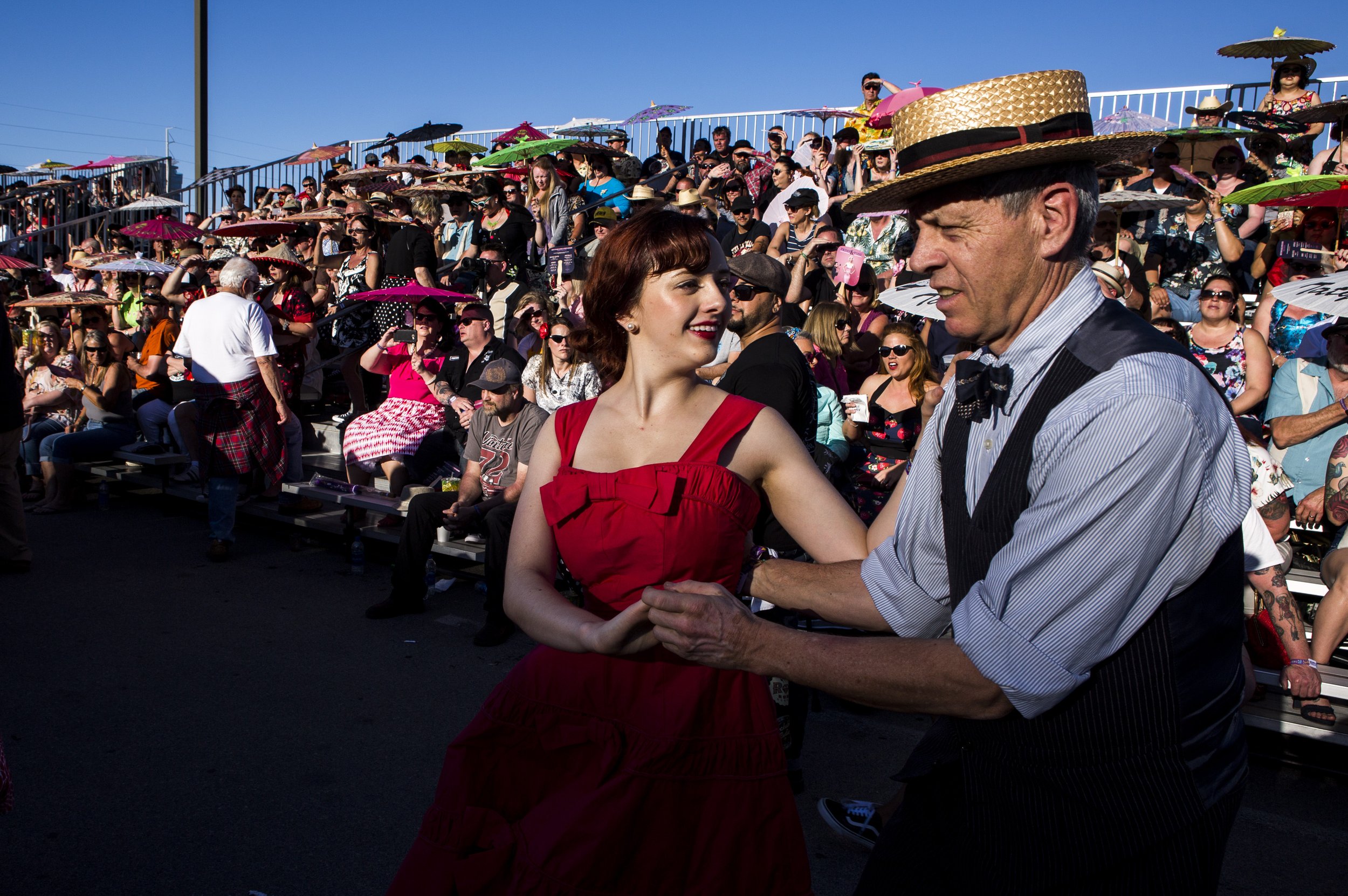  Katrina Kroetch and Scotty Hopkins, both visiting from California, dance to rockabilly music at Viva Las Vegas at The Orleans. 