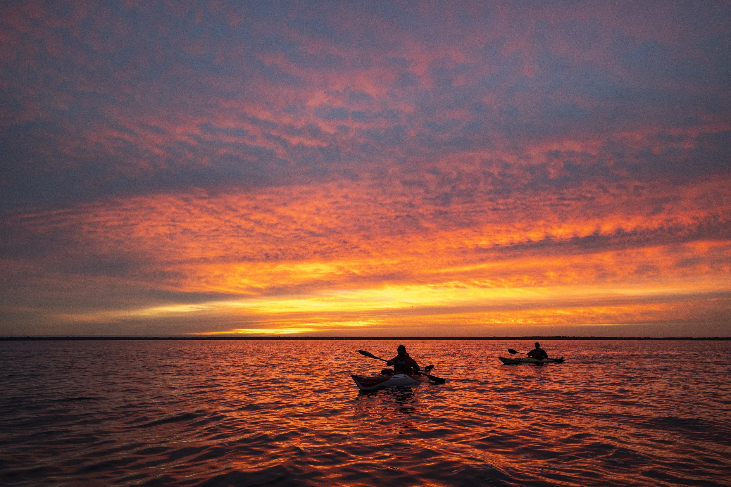  The rising sun casts an amber glow across the sky, silhouetting Greg Pflug and Fred Goebel during a paddle across Lake George in the Ocala National Forest of Florida. 