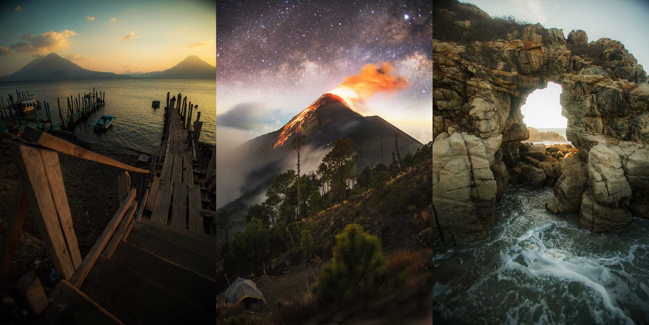 Left to right: Lake Atitlan, Guatemala from the town of Panajachel. Volcan Acatenango erupting as viewed from Volcan Fuego in Antigua, Gualtemala. A sea arch from Puerto Escondido, Oaxaca on the Pacific side of Mexico.