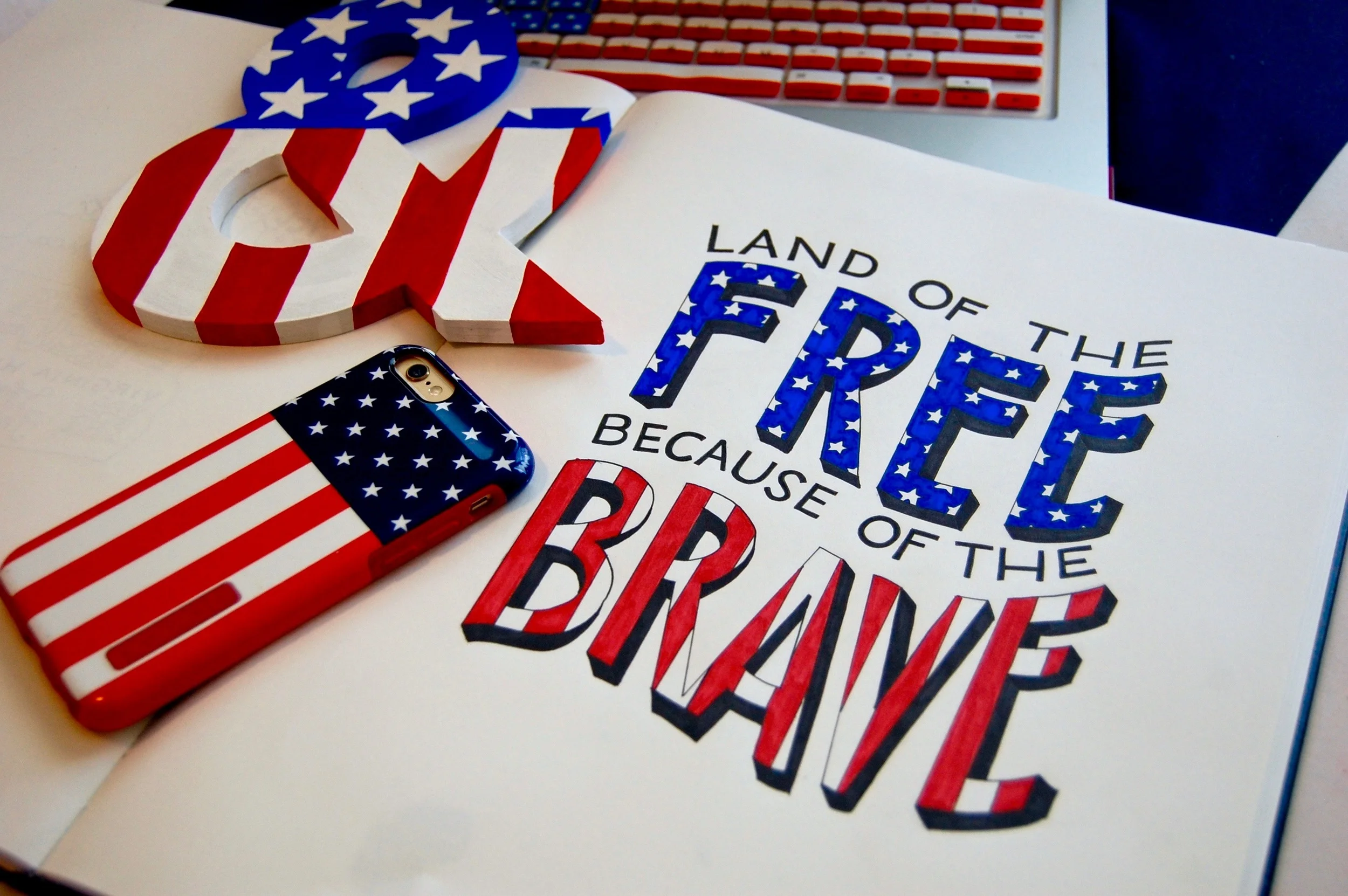 A quick piece I did for Labor Day. Featuring my star-spangled lettering, ampersand, phone case and keyboard protector.