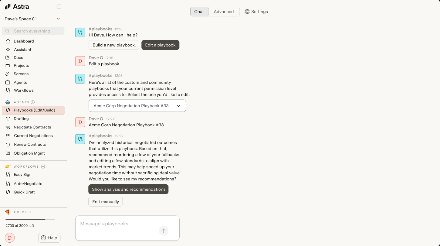 An AI agent mid-task. Structured responses, contextual action buttons, and a conversational model that guides users through complex negotiation workflows without overwhelming them.