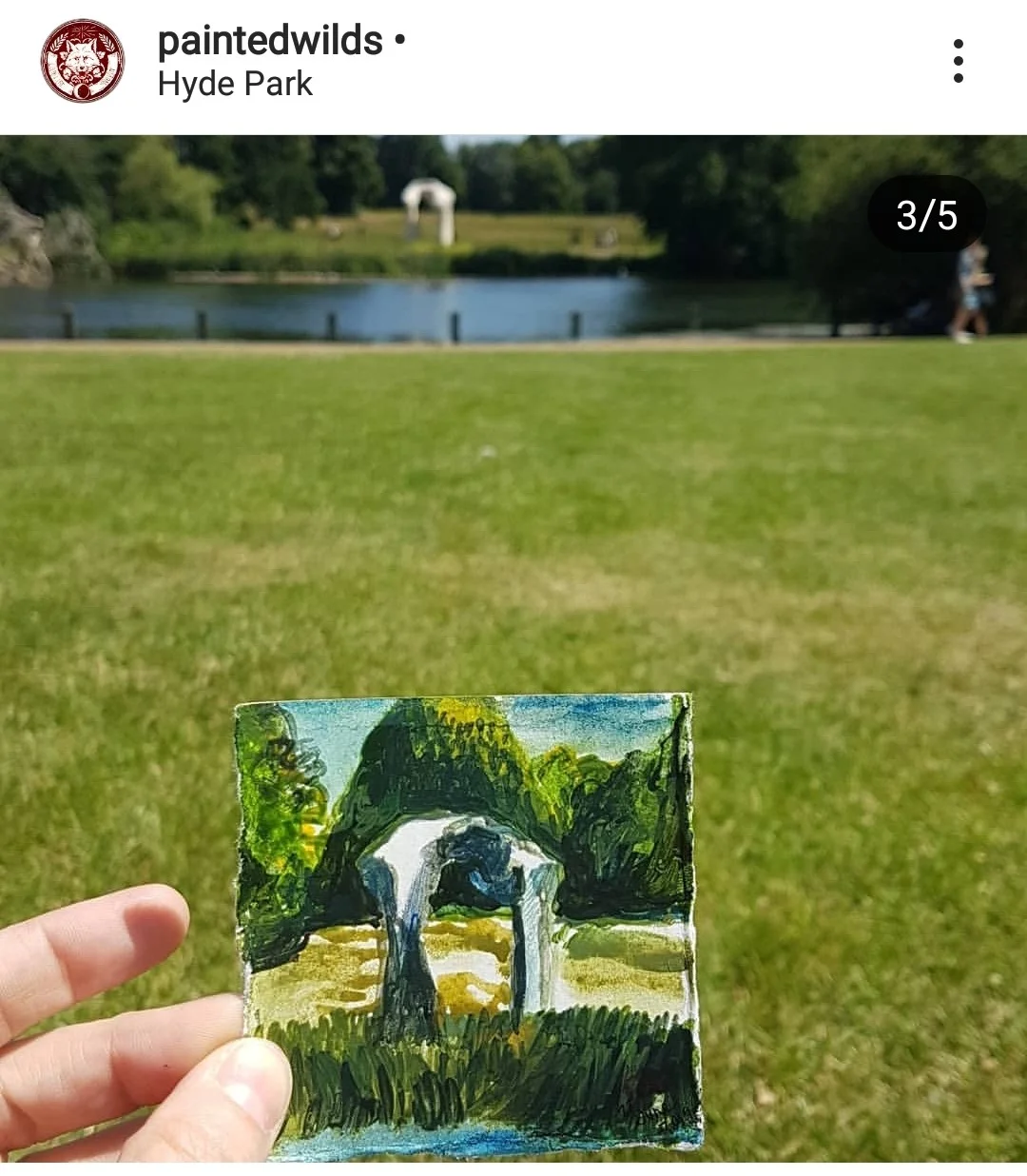 During this session, as I was painting ‘The Arch’ (by sculptor Henry Moore) in Hyde Park, a small dog came by to say hello, startling me as I turned and there he was 3 inches from my face! He gave my cheek a lick before he rocketed off. That was a sweet moment. And my approach to minding my senses, was filled with these moments that were magical, surprising delights.