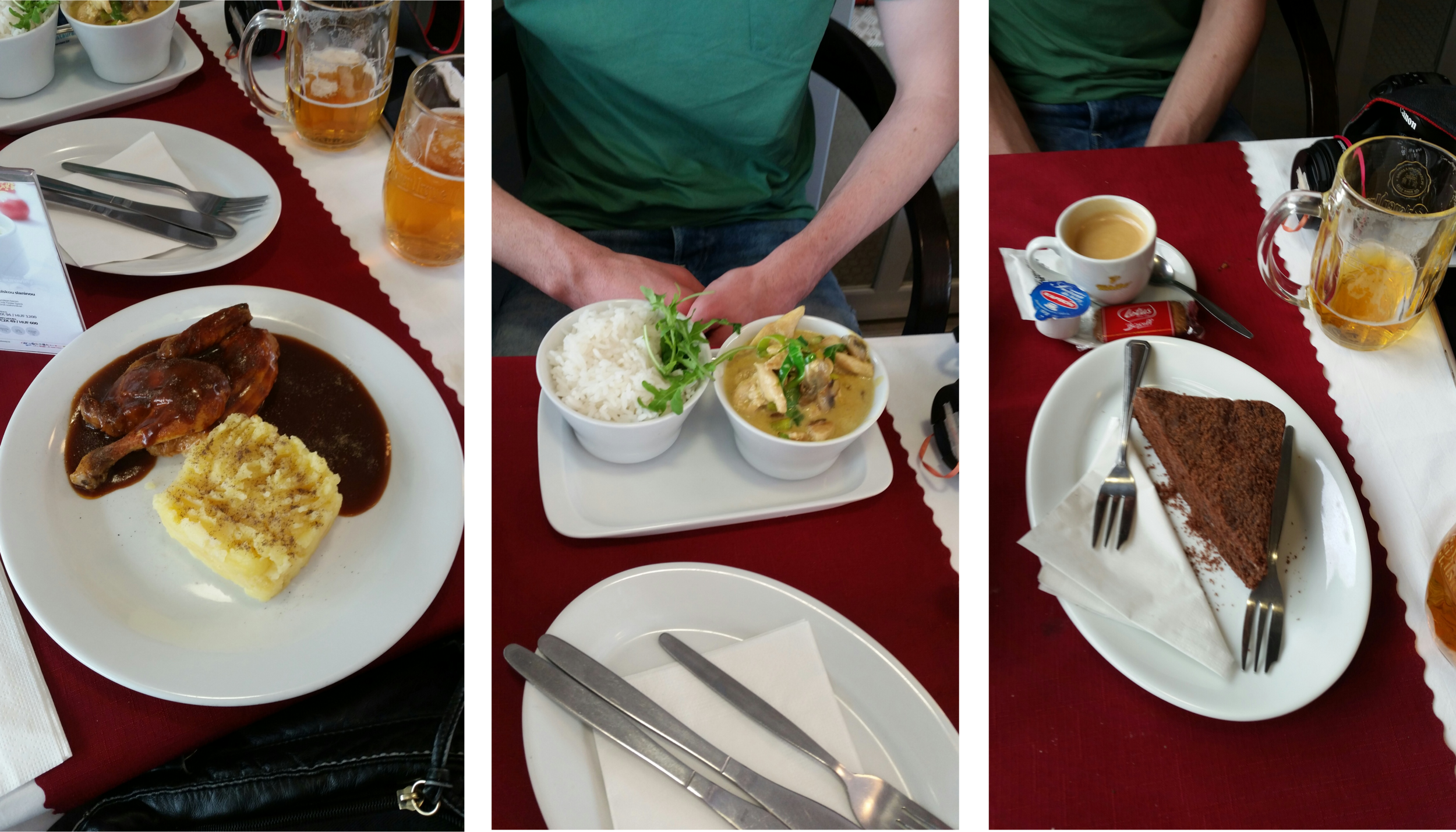 Chicken and mash, chicken curry and rice, and a chocolate cake for dessert.