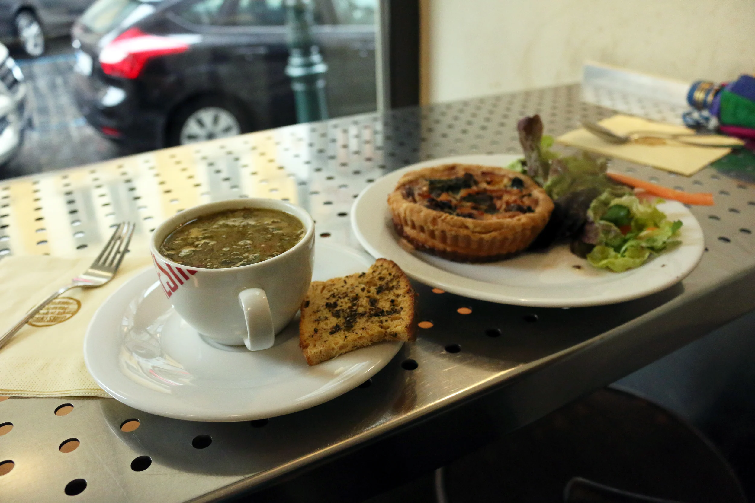 Thai chicken soup, and some sort of quiche.