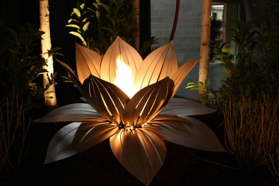 Stainless Steel Lotus Sculpture with Fire Feature