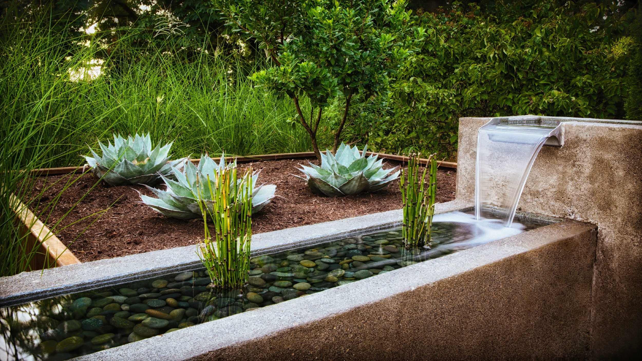 Concrete Water Feature with Spillways, Reeds, and River Rock