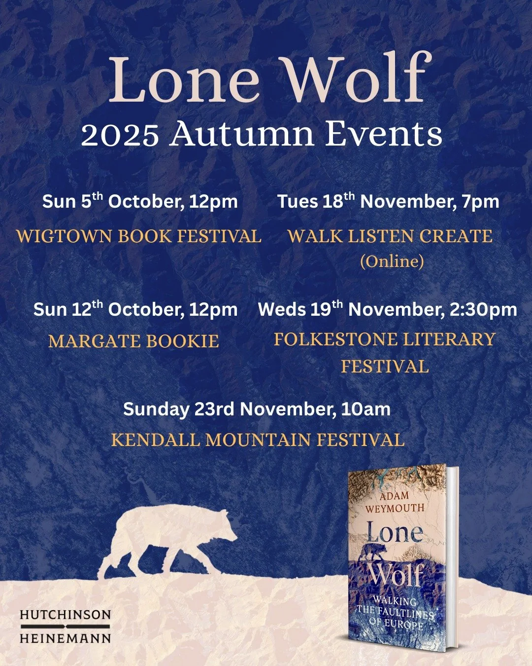 Upcoming wolfish events this autumn - links for tickets in bio

#wigtownbookfestival , #margatebookie , #folkestoneliteraryfestival , #kendalmountainfestival