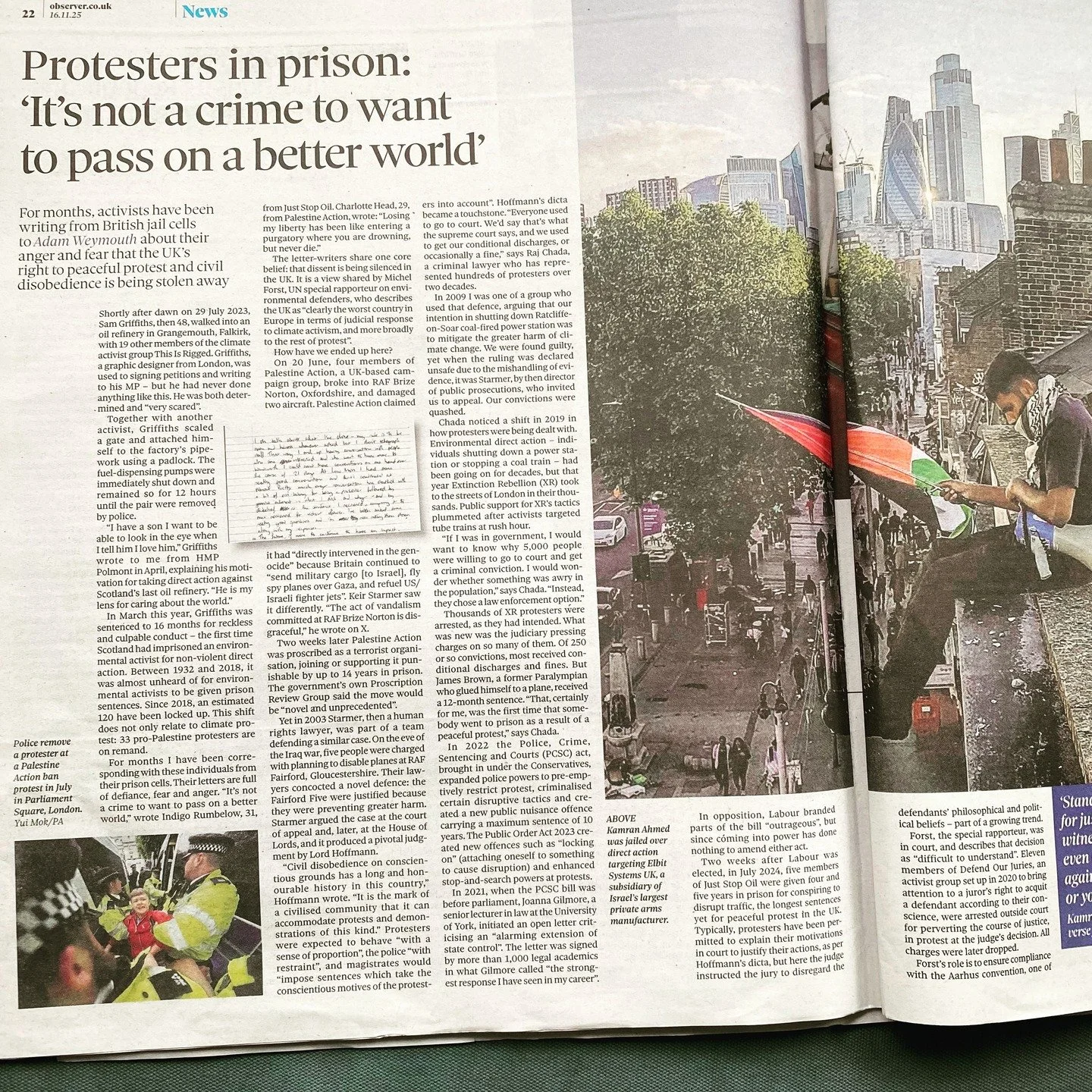 I've been working on this piece for months, published today in @theobserveruk. I've been writing letters to activists who are serving lengthy prision sentences, for protesting the environment and on Palestine - their responses have been powerful, mov