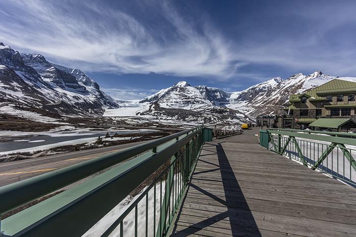 A bridge with a view at the Icefield Centre, Jasper National Park