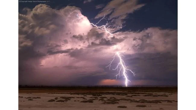 Lightning, captured from Marshall Rock Rd near Bencubbin as a fast moving cell tracked over Welbungin early evening. Picture: Kylie Gee - Indigo Storm Photography
