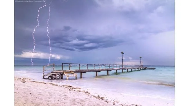 Horrocks Beach in the early afternoon as severe storms tracked south from Port Gregory over Horrocks and south towards Geraldton. Picture: Kylie Gee - Indigo Storm Photography