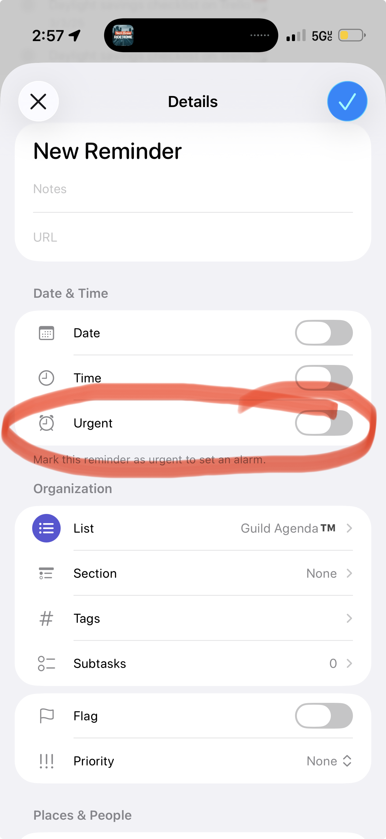 iPhone reminder settings, showing the "urgent" option