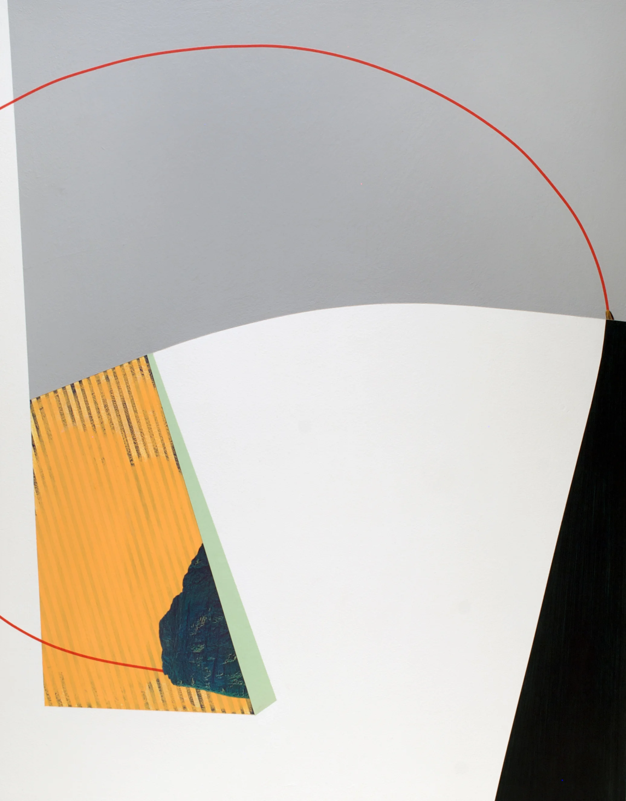 Mangold-like draftsmanship amongst some curious architecture, 2013 acrylic paint, varnish, and collage on wood panel. 40 x 32 inches 