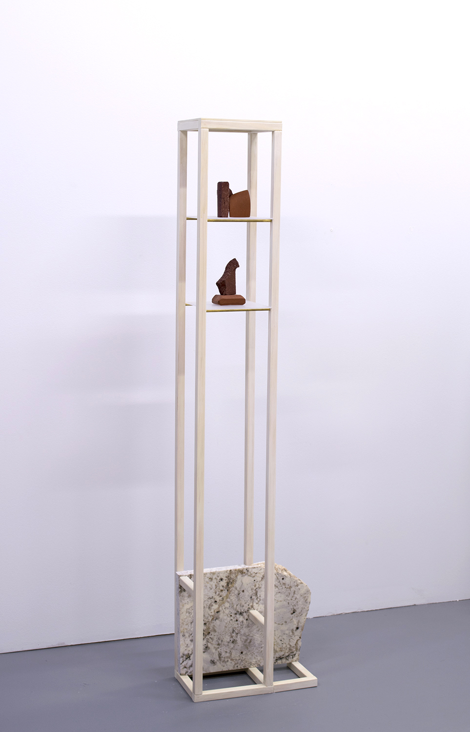   Just Beyond Tree Line, &nbsp;2016  53 x 13 x 7 inches  wood, granite, ceramic, brass rod, and plexi-glass 