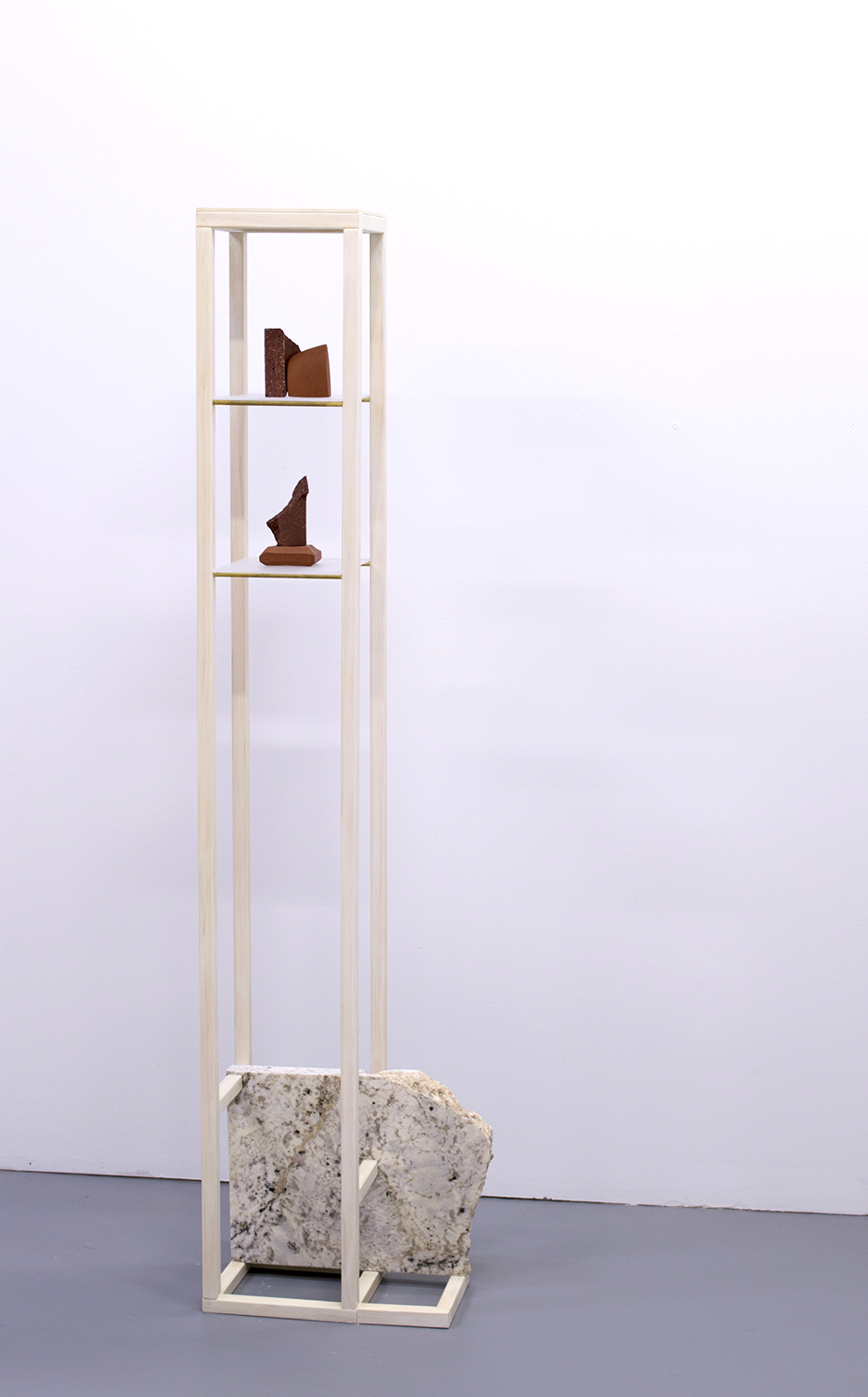   Just Beyond Tree Line, &nbsp;2016  53 x 13 x 7 inches  wood, granite, ceramic, brass rod, and plexi-glass 