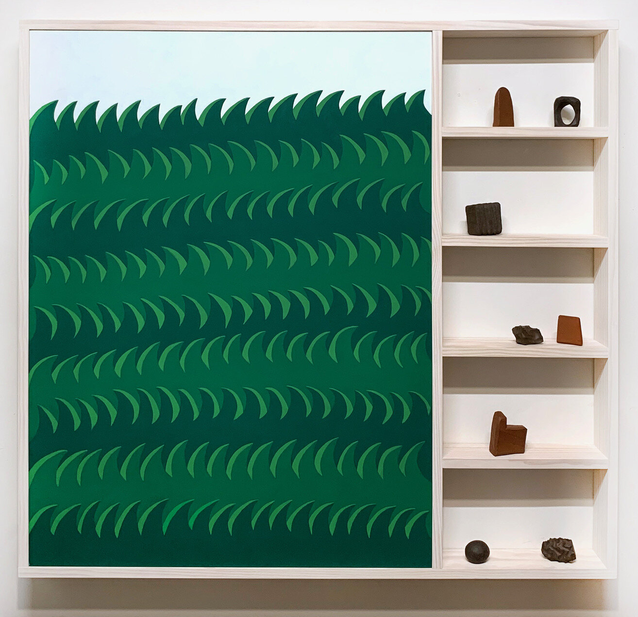   Turf &amp; Tokens , 2020  41.5 x 44 x 3.5 inches  Flashe on panel, pine, ceramic, and varnish 